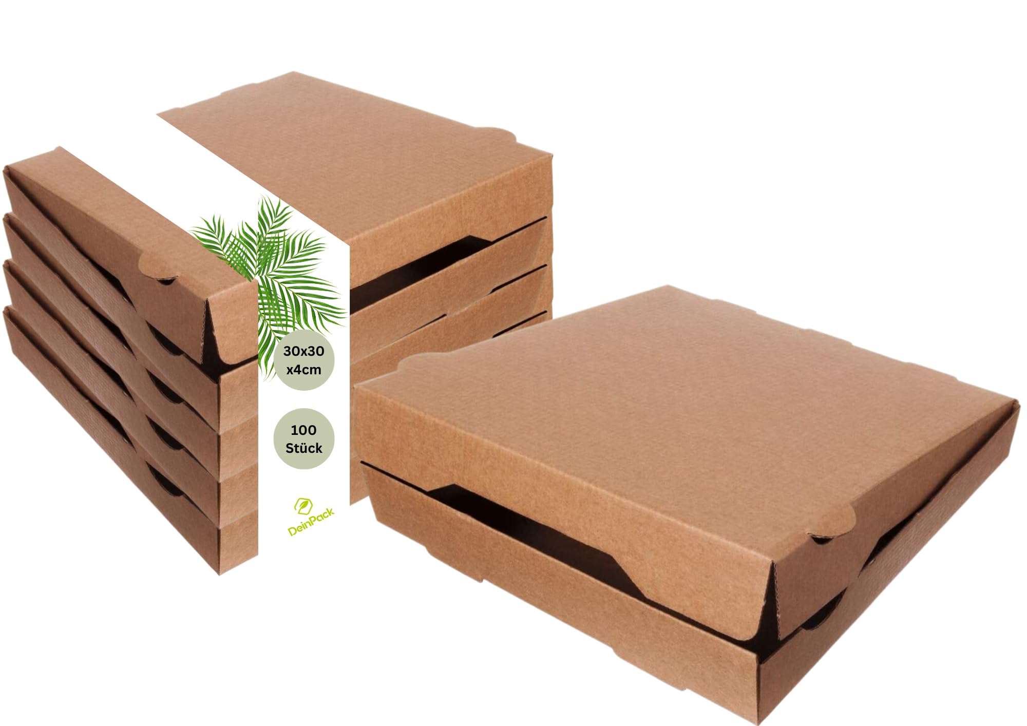 Lot de 100 boîtes à pizza 30 x 30 x 4 cm - Emballage compostable - Carrées - Marron
