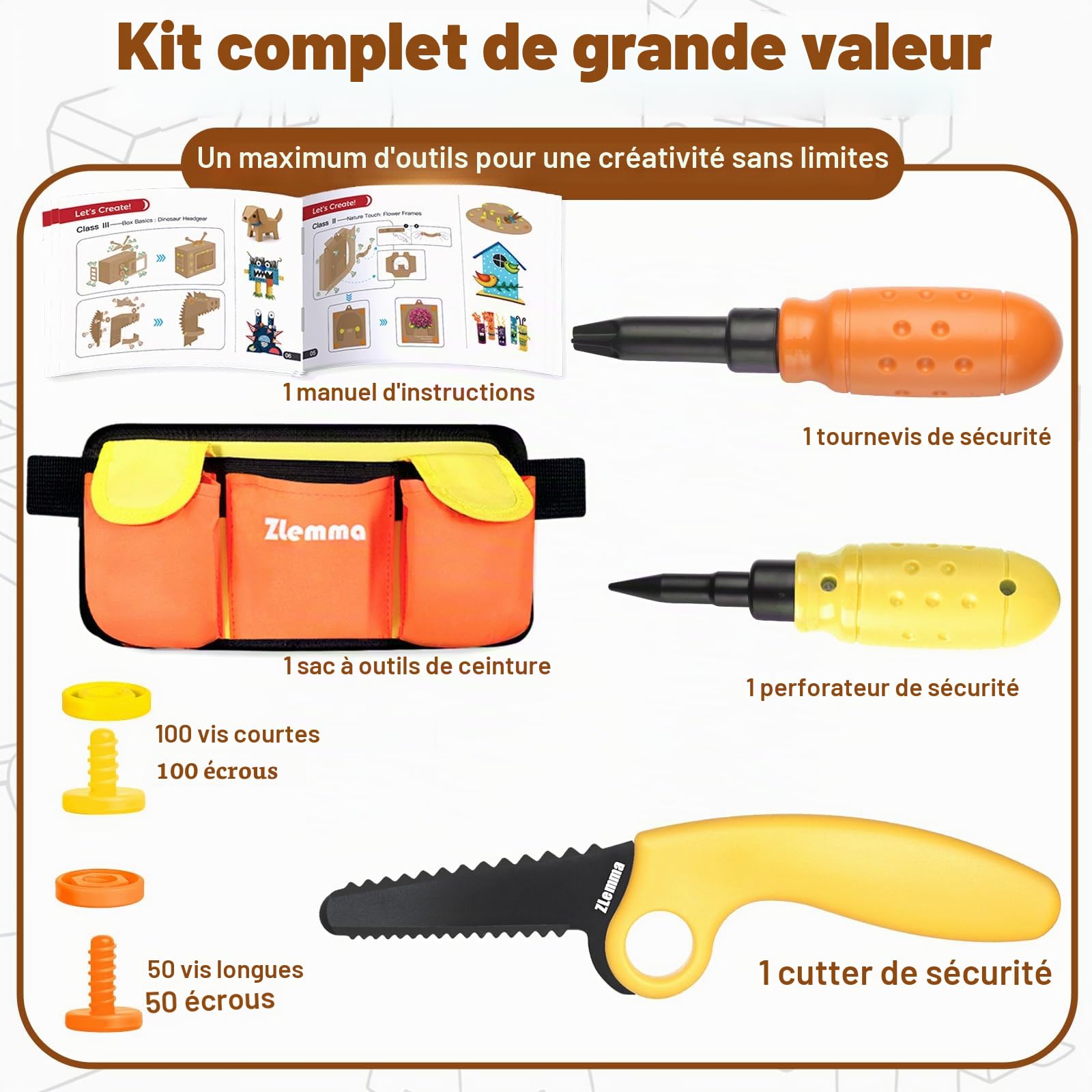 Kit D'outils En Carton 148 Pièces – Coupe-carton, Tournevis, Vis, Connecteurs – Jouet STEM éducatif