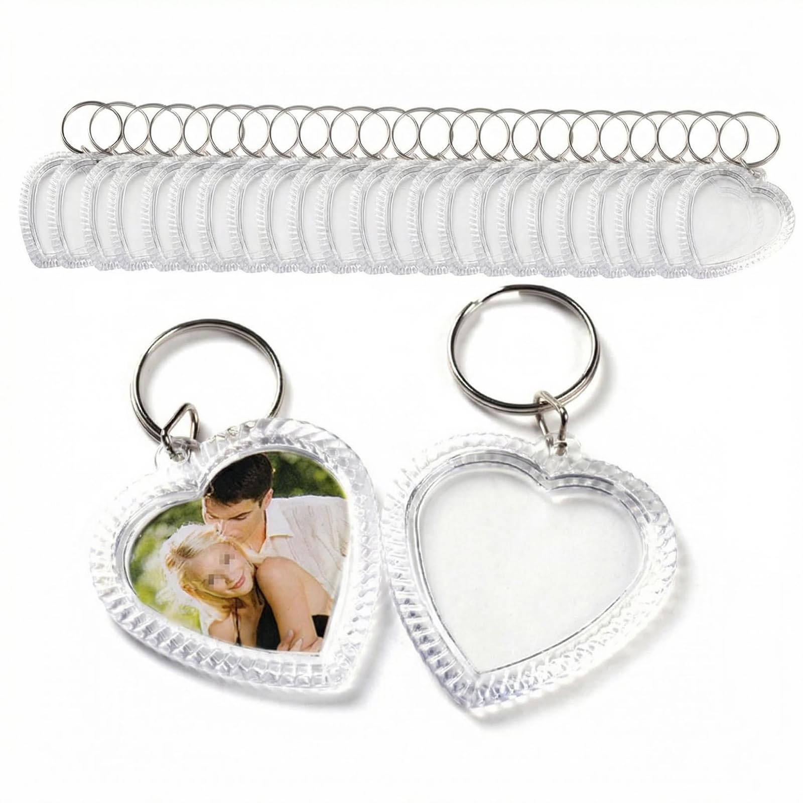 25Pcs 2 Acrylic Photo Keychain Snap-in Keychain Double Sided Blank Custom Frames Heart-Shaped Clear Insert Photo Picture Frame with Keyring Christmas Ornaments Keyring Holder(Embossed Edges)
