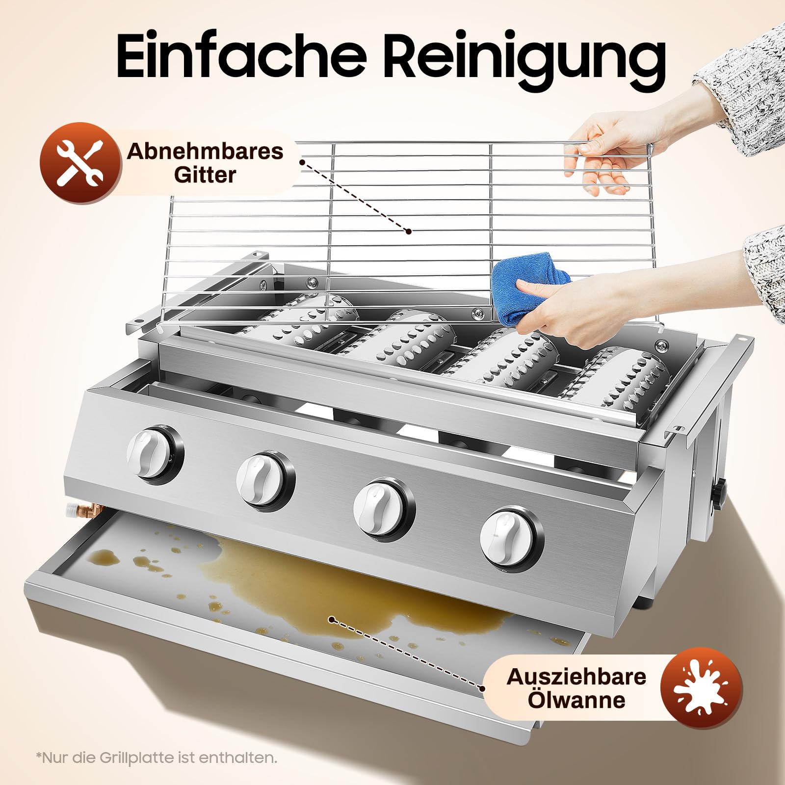 Barbecue a gas portatile GPL, in acciaio inox, con piastre in acciaio, 57 x 39 x 17,5 cm, per grigliare bistecche, frutti di mare, carne, verdure