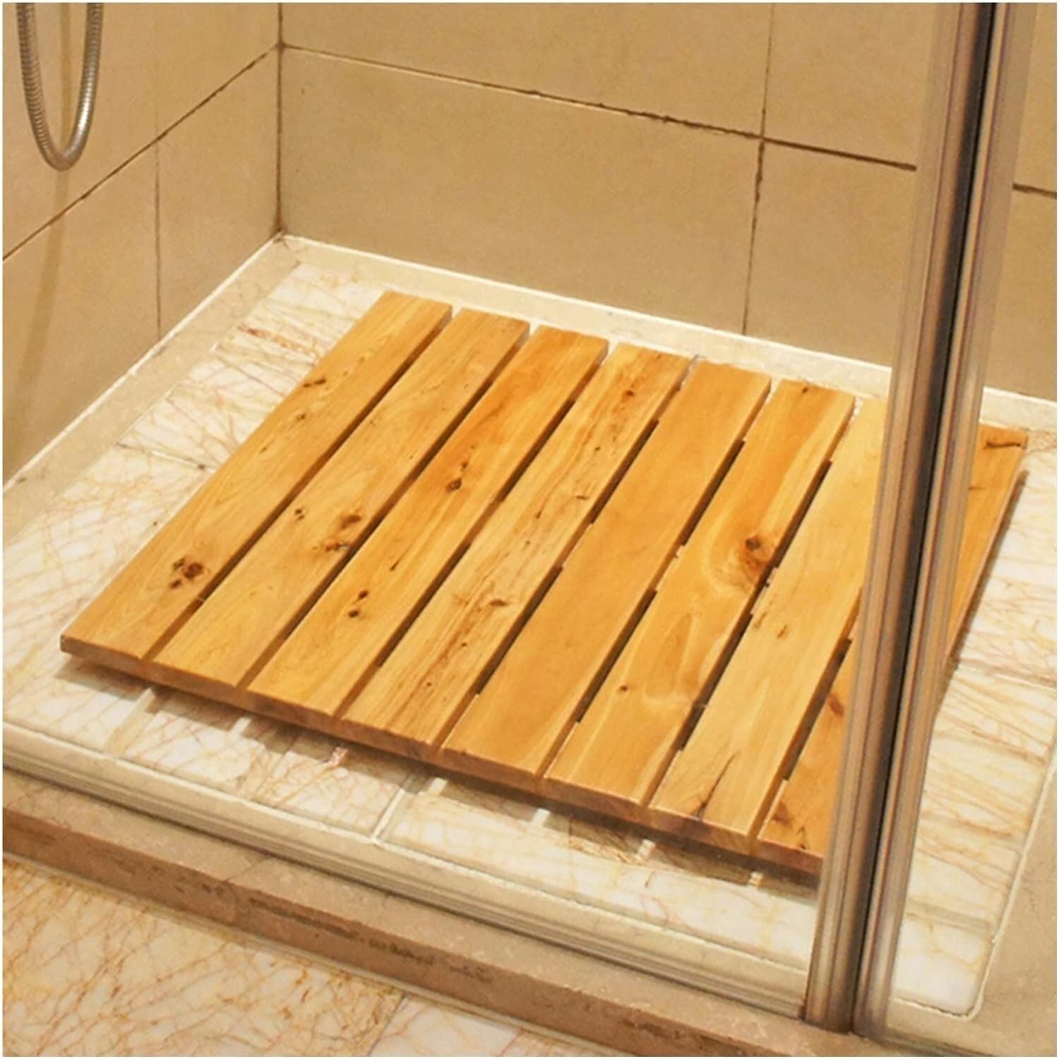 BHGFYXBS Wooden Shower Mat Anti-Slip Shower Bath Mat Indoor Bathroom Duckboard Drain Board,Natural-1pcs-60x70cm