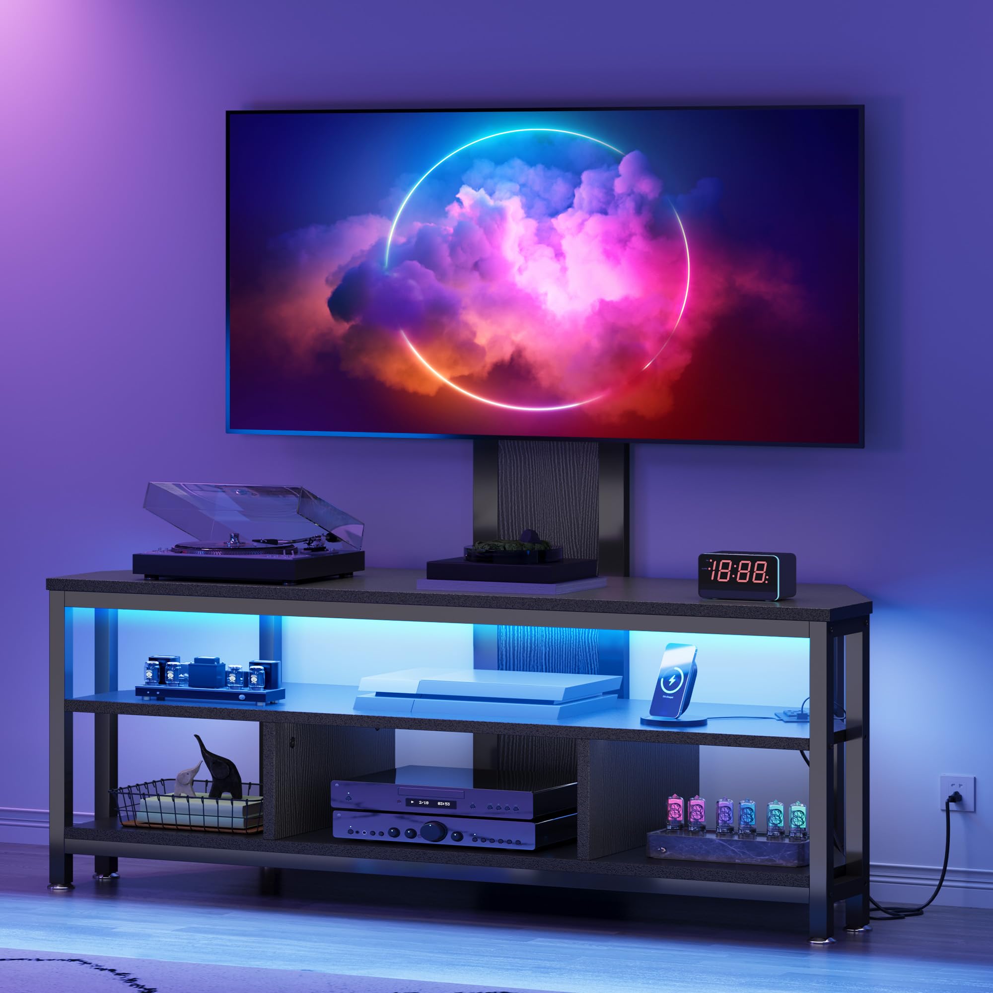 DWVO Black TV Stands for Living Room w/Power Outlet, TV Stand with Mount, LED Entertainment Center for 70/65/60 inch TV, Height Adjustable TV Console Cabinet, Black