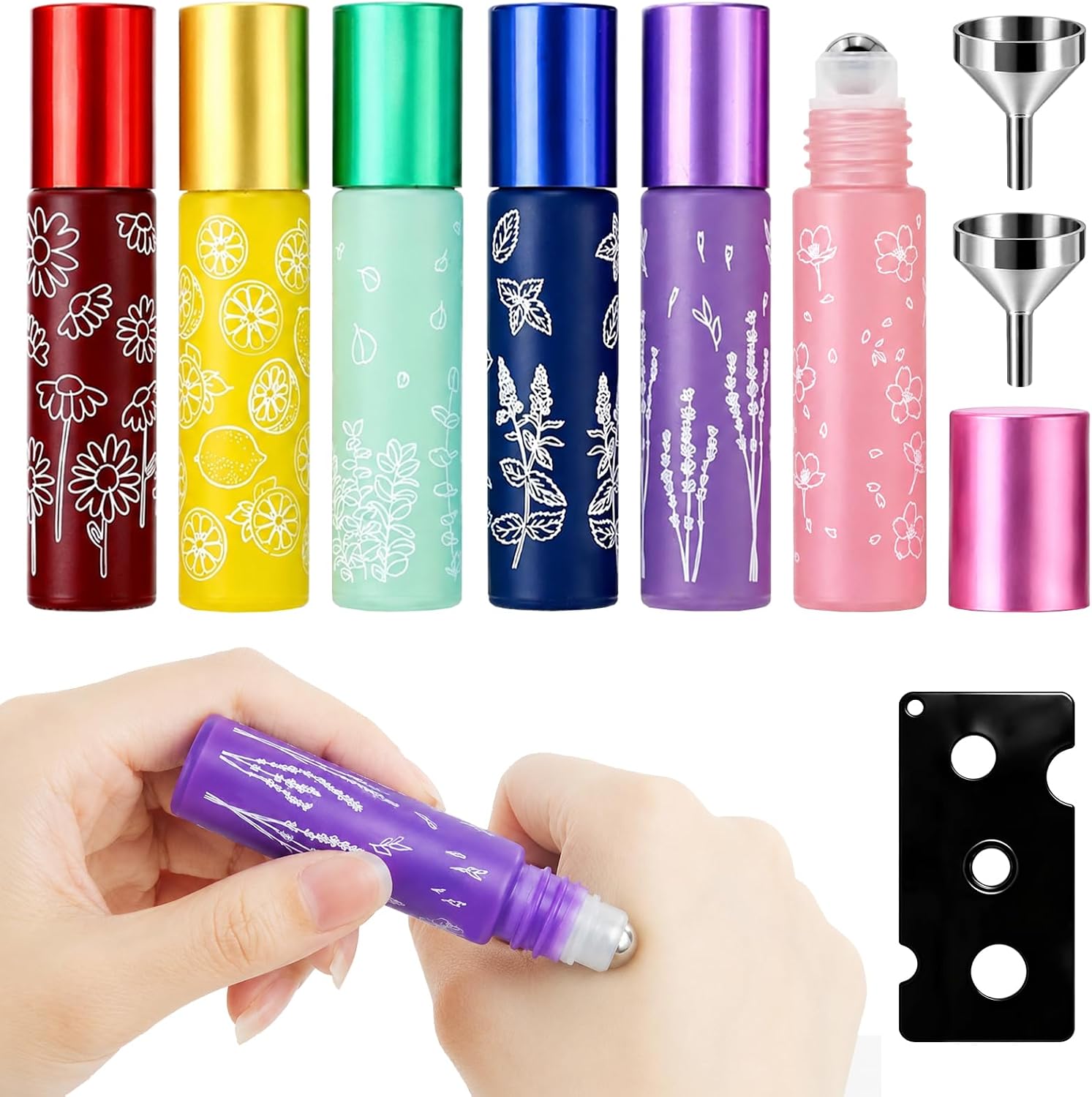 Redamancy 6 sztuk 10 ml, szklane butelki, puste z otwieraczem i lejkiem, do wielokrotnego napełniania, butelki na olejki eteryczne, ochrona przed promieniowaniem UV, szklane fiolki do perfum, olejku