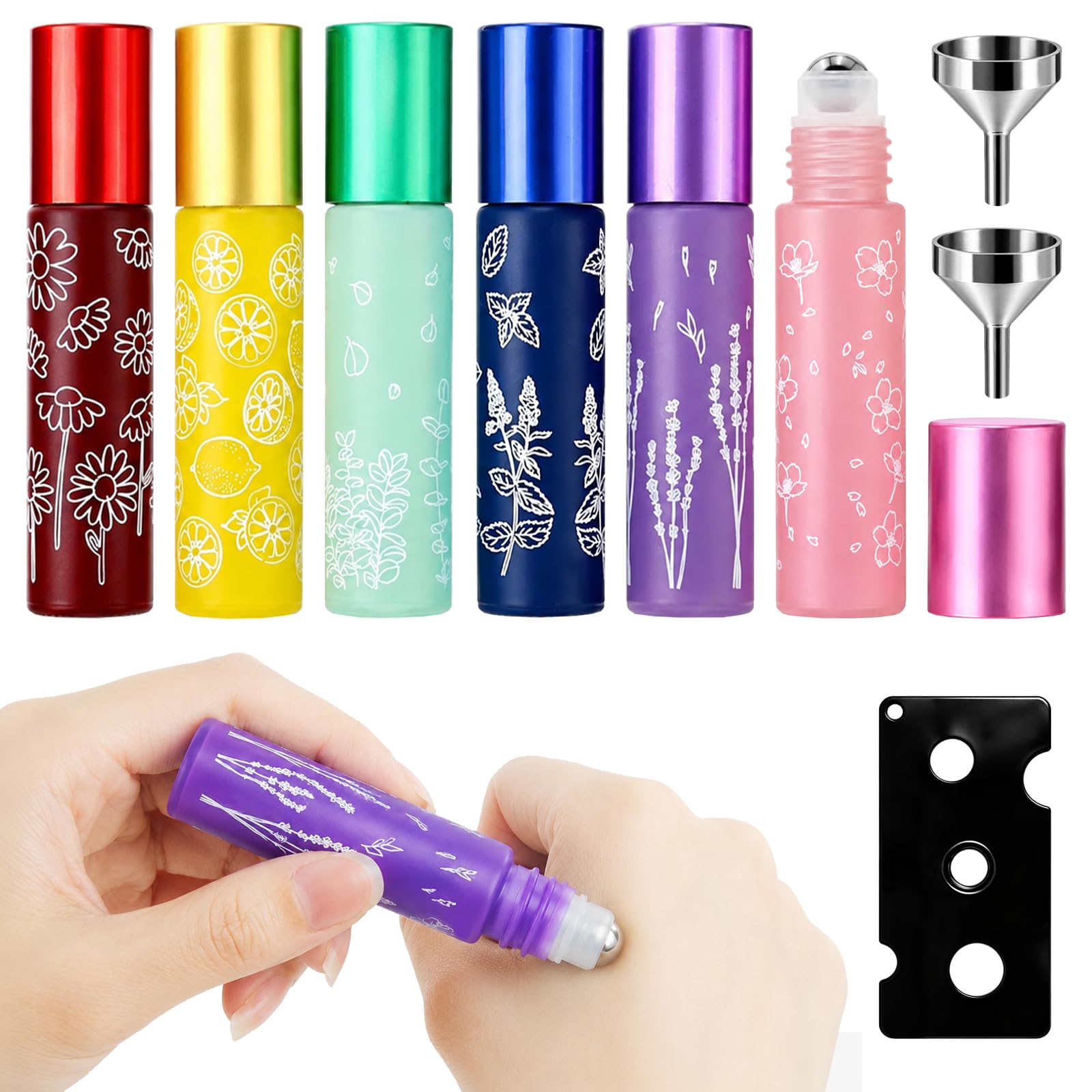 Redamancy 6 Pièces Flacons Roll On Vide 10mm avec 2 Entonnoirs et Ouvre-Bouchon, Bouteille à Rouleau en Verre Coloré Anti-UV, Rechargeable pour Huiles Essentielles et Massage, Cosmétique DIY