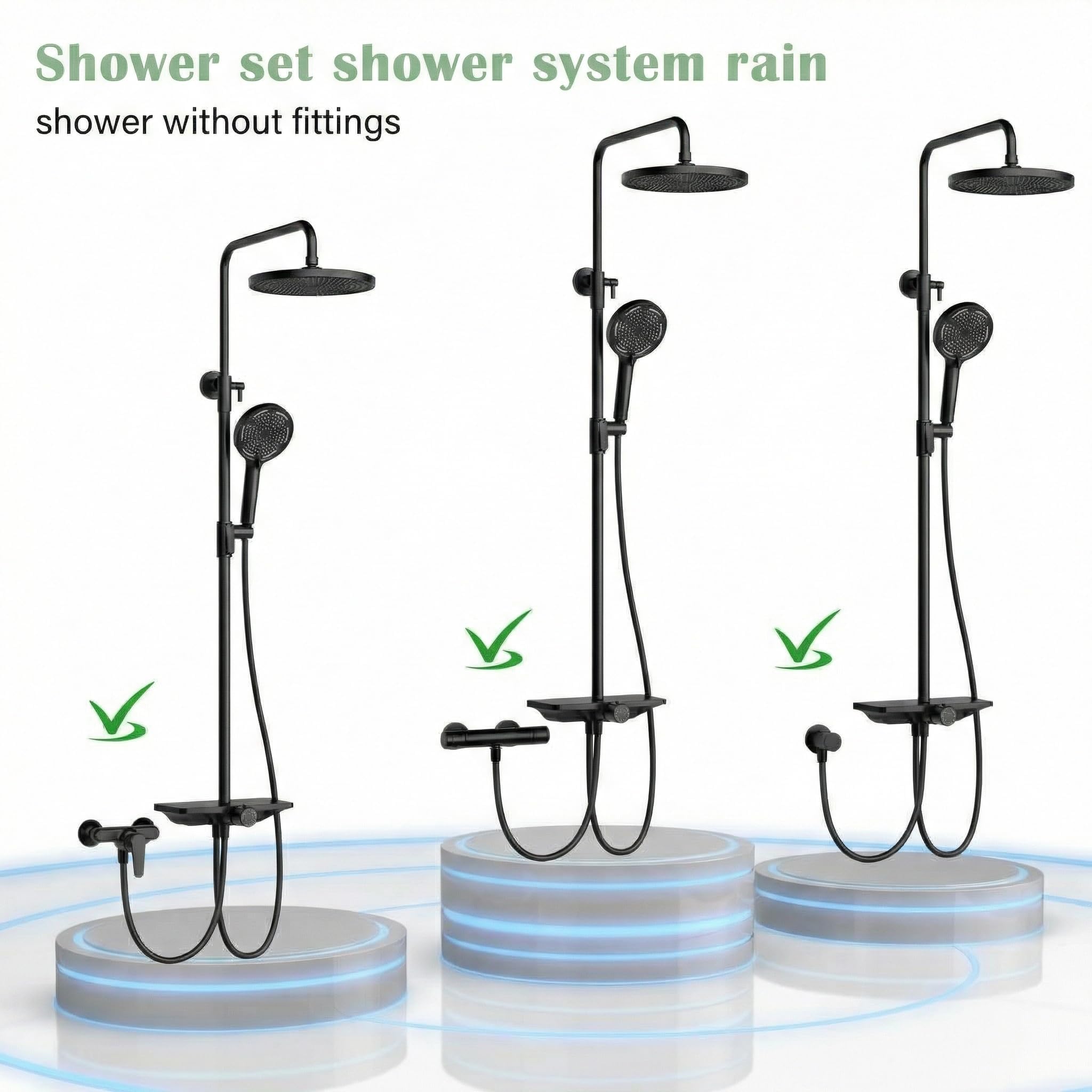 IDEALHOUSE Moderno sistema de ducha completo – XXL 250 mm ducha de lluvia redonda – 3 + 1 ducha multifunción – Acero inoxidable/cobre – Barra extensible – Estante grande de 27 cm – Fácil instalación