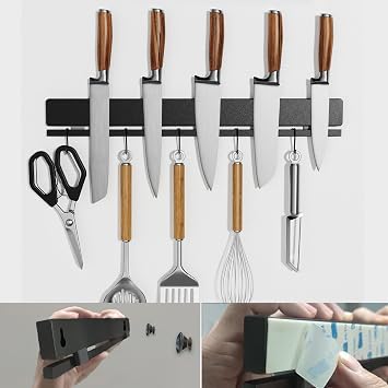 YIIYIIN 17 Inch Magnetic Knife Holder for Wall No Drill,Adhesive Knife Magnetic Strip with 12 Hooks,Kitchen Double Rods Stainless Steel Magnetic Utensil HolderBlack