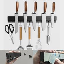 YIIYIIN 17 Inch Magnetic Knife Holder for Wall No Drill,Adhesive Knife Magnetic Strip with 12 Hooks,Kitchen Double Rods Stainless Steel Magnetic Utensil HolderBlack