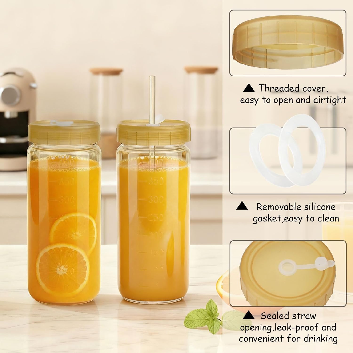 Ruckae 16oz 10 Pack Glass Juice Bottles with Dual Scale, Reusable Glass Bottles with Hole Lids and Straws Mason Jar for Juicing, Smoothies, Kombucha - Water Bottle for Fridge or Gym (Gold) - Image 2