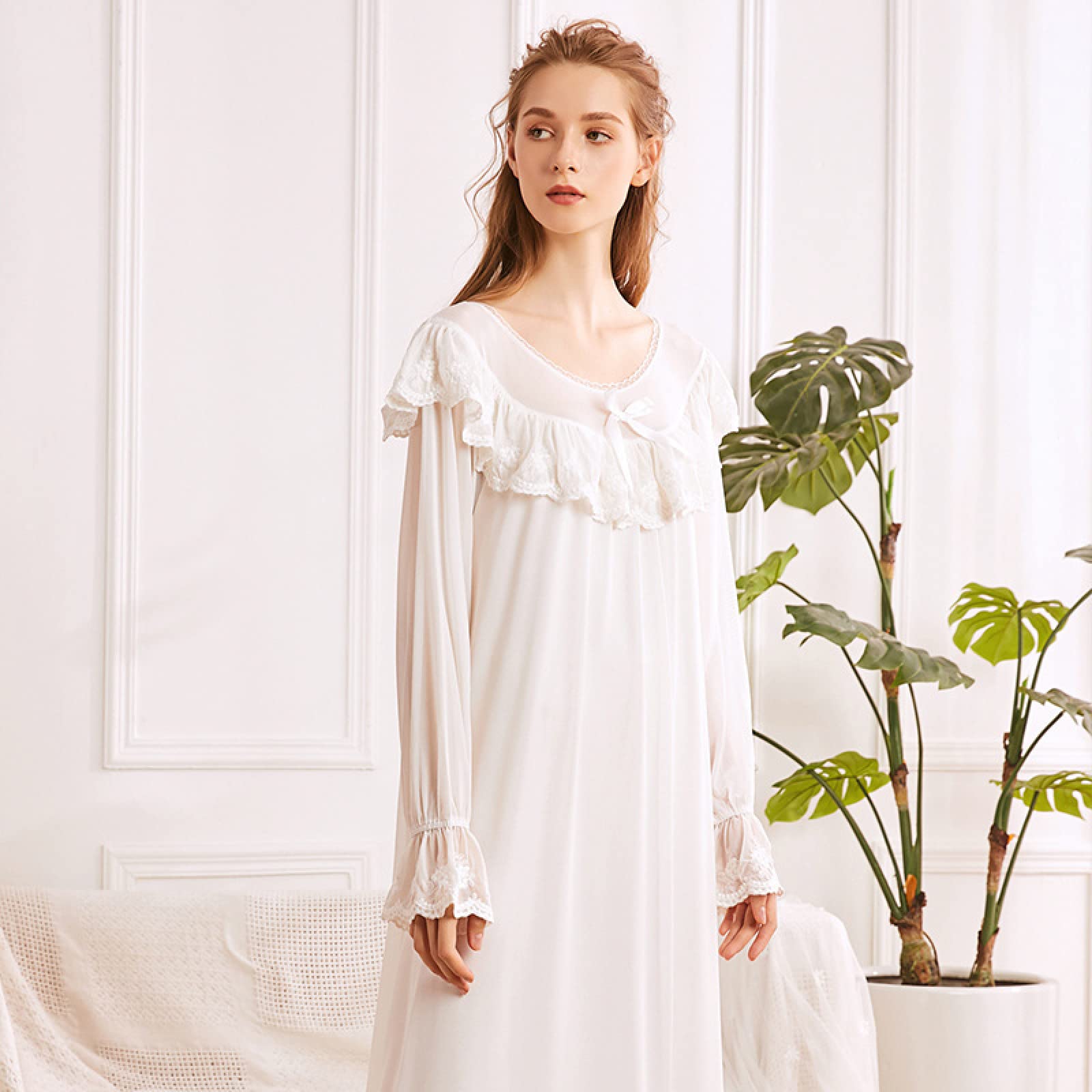 OFFSUM Camisón De Pijama De Mujer - Primavera Verano Camisón De Cuello Redondo Vestido De Malla De Encaje Blanco Elegante Princesa Vintage Ropa De Dormir Transpirable Lencería De Novia