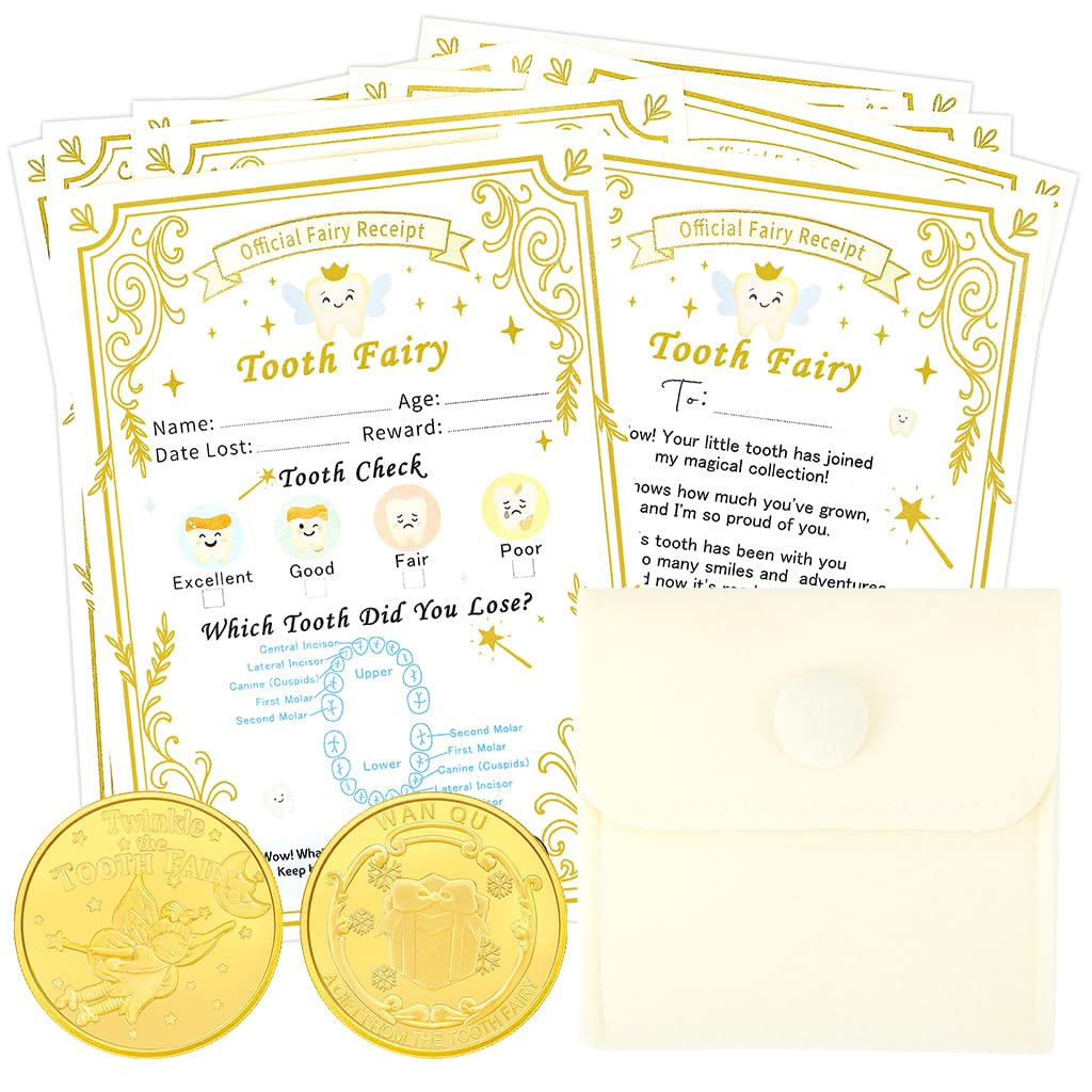 WALLFID Tooth Fairy Kit, Includes 10 Tooth Fairy Receipts,1 Tooth Fairy Coin,1 Tooth Fairy Bag, Perfect for Boys and Girls, Essential Tooth Fairy envelopes