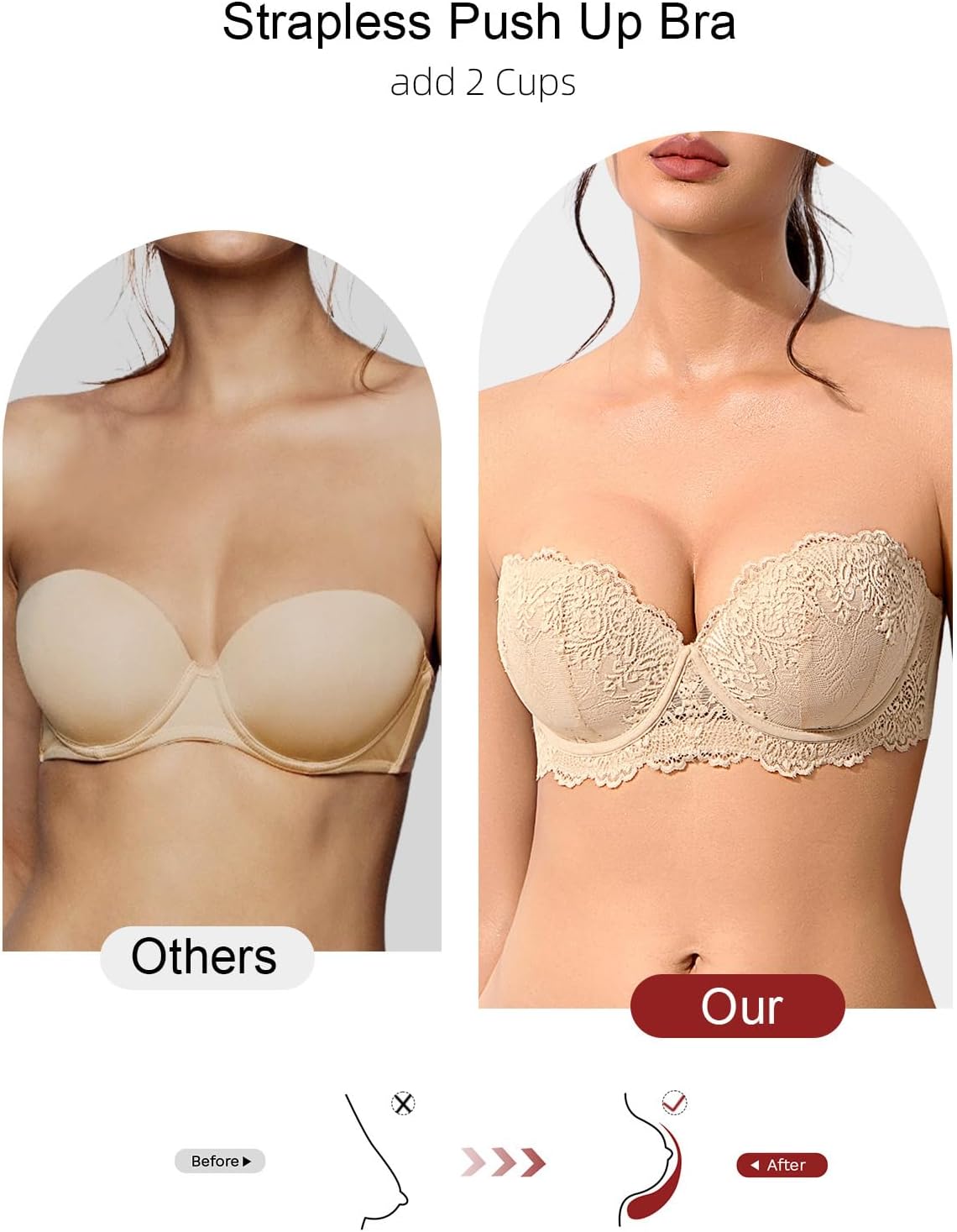 Women's Strapless Push Up Bra Convertible Multiway Lace Padded Underwire Bras with Clear Straps - Image 2