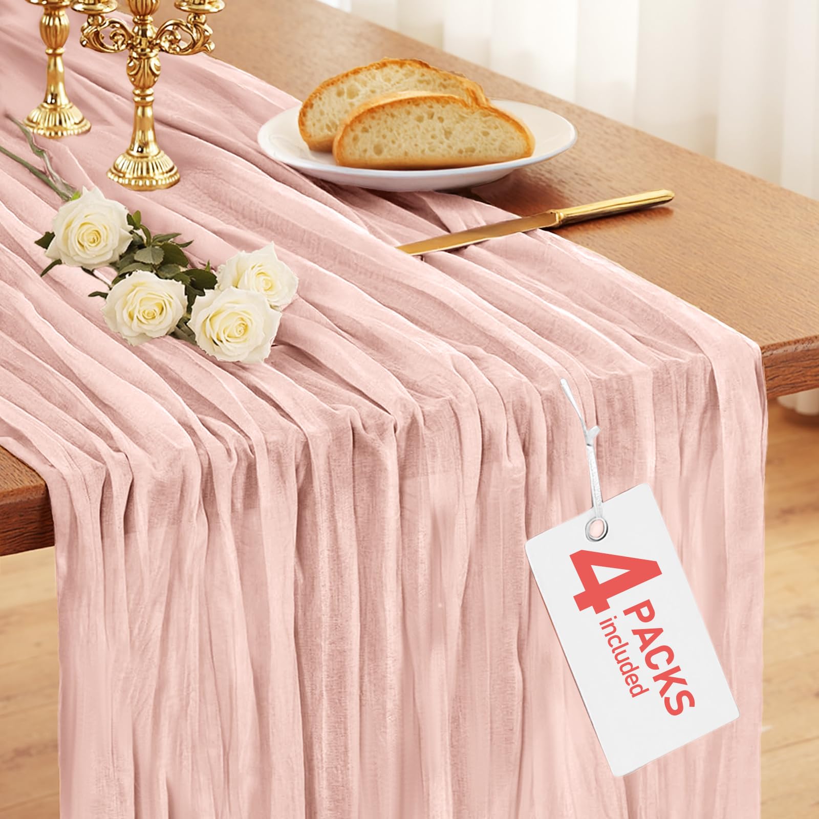 Pureegg 4-Pack Cheesecloth Table Runner - Soft and Breathable Long Table Decor, Boho Dusty Pink, Ideal for Baby Shower, Wedding, Party, 22"×120"