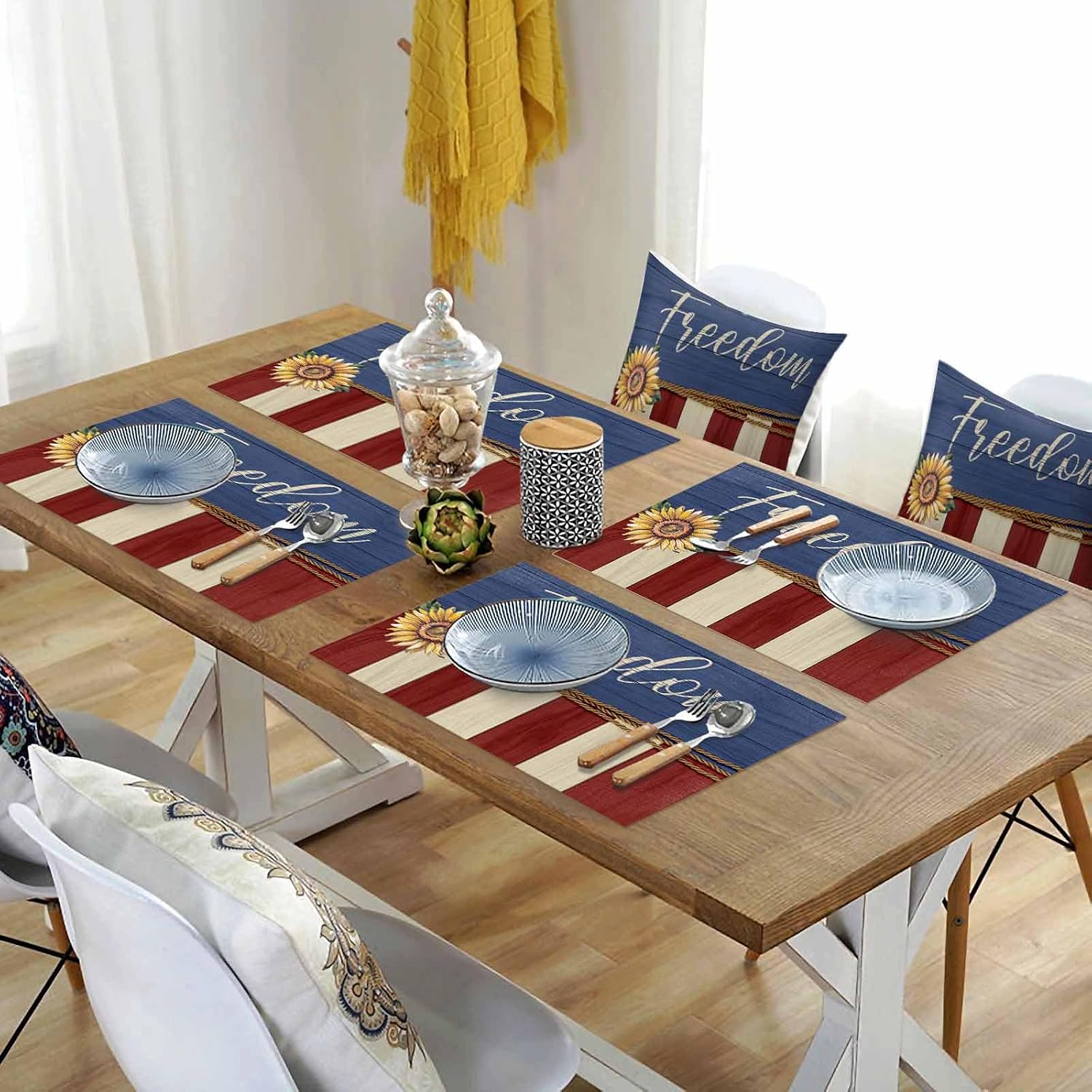 Placemats Set of 6 Watercolor Independence Day Freedom Placemats Washable Cloth Sunflower Stripe Table Mat Heat-Resisting Placemat for Kitchen Party Dining Table Decor, 13 x 19 in