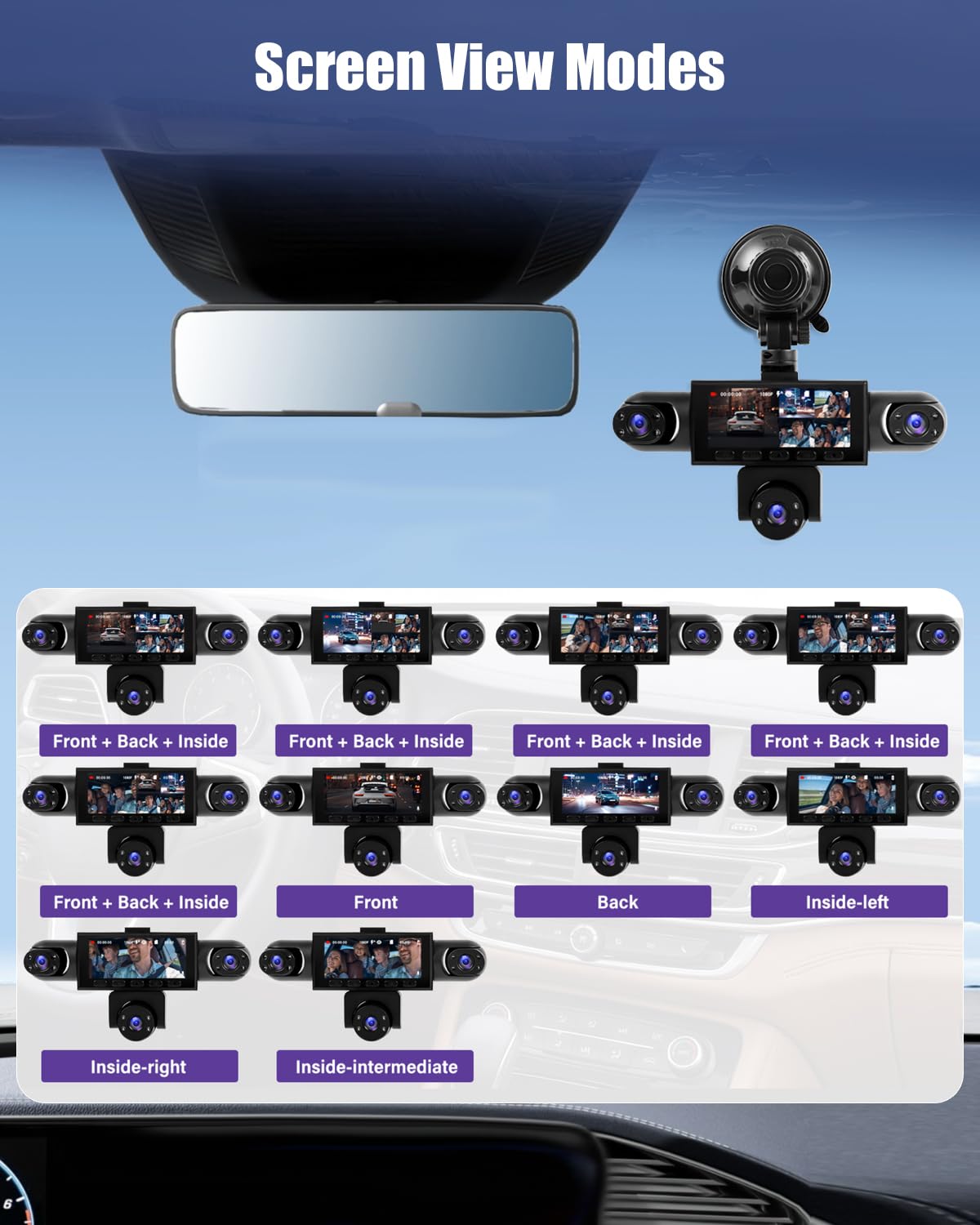 Dashcam Auto a 5 Canali Anteriore e Posteriore 1080P, Dashcam Auto con Scheda SD da 64 GB, Schermo IPS da 3,16", Grandangolo, Visione Notturna, con Registrazione in Loop