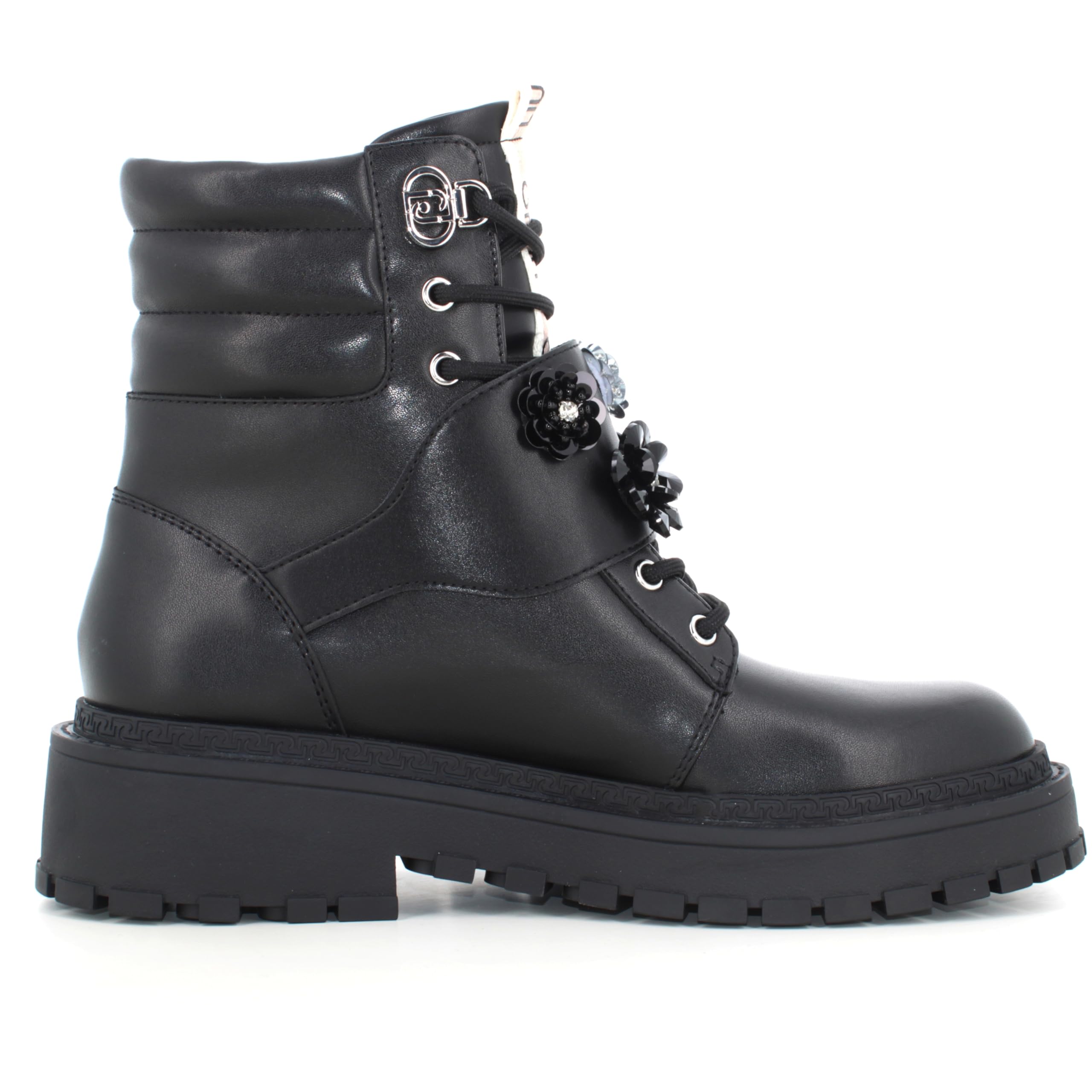 Liu Jo Botas Militares con Flores de Cristal, Negro, Cuero, Suela de Goma, Estilo Combat (Negro, Mediano, Sistema tallas calzado EU, Adulto, Números, mediano, 39)