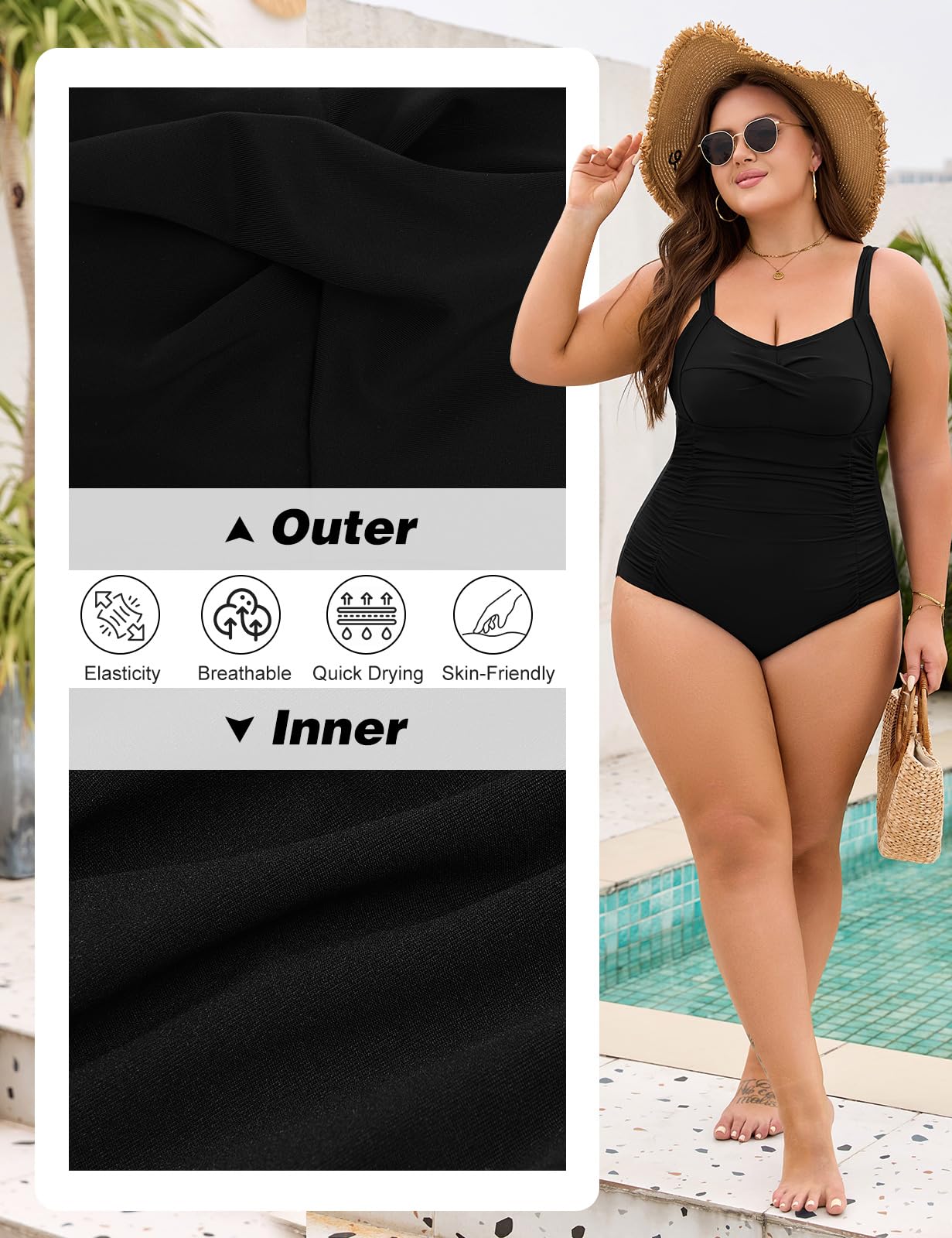 Nadeer Badeanzug Damen Bauchweg Große Größe Einteilige Bademode Sexy Push Up Swimsuits V Ausschnitt Rückenfrei Badebekleidung Schwimmanzug