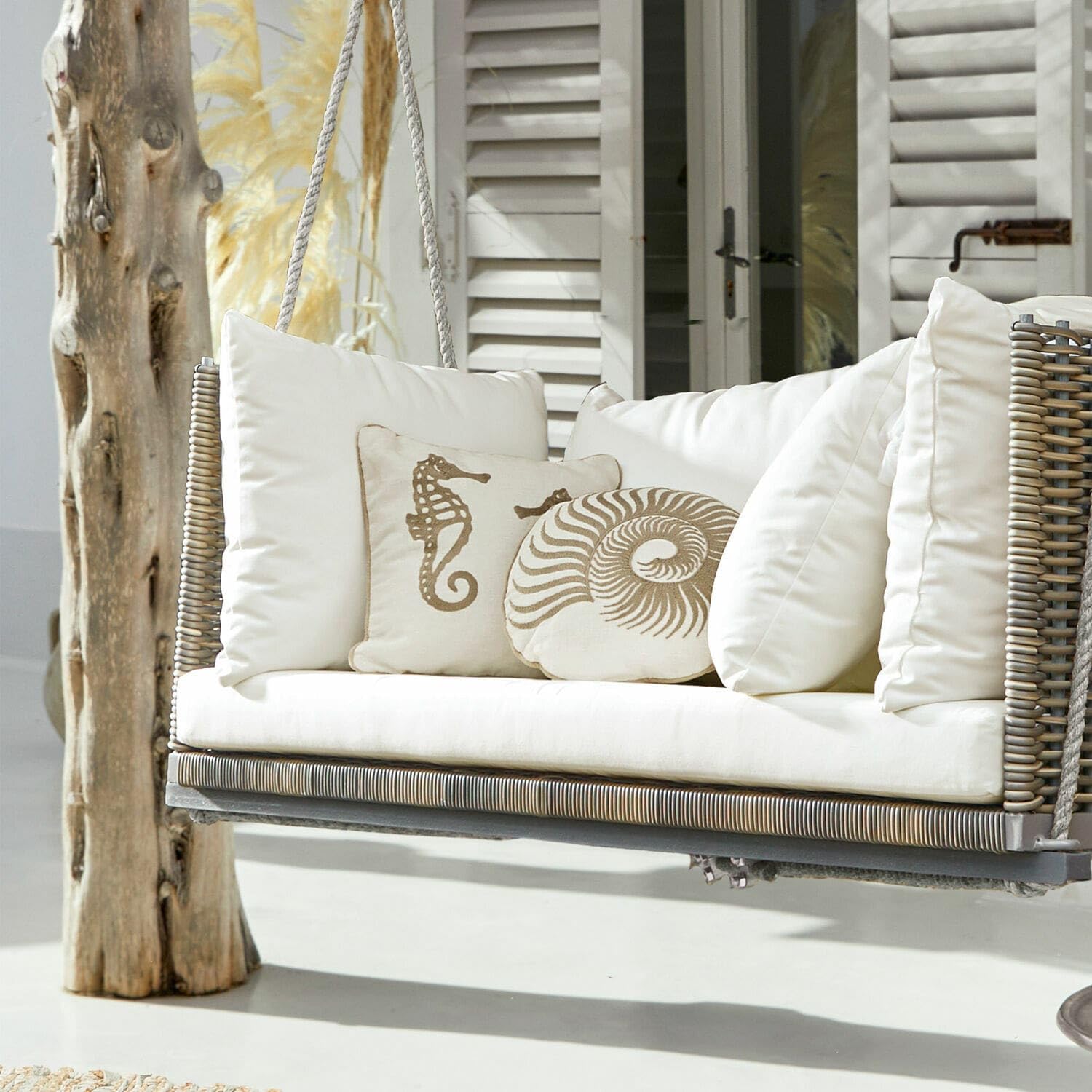 Loberon Bristol Coppia di Cuscini - Tessuto in Lino Naturale - Ricamato a Mano, Bianco/Talpa