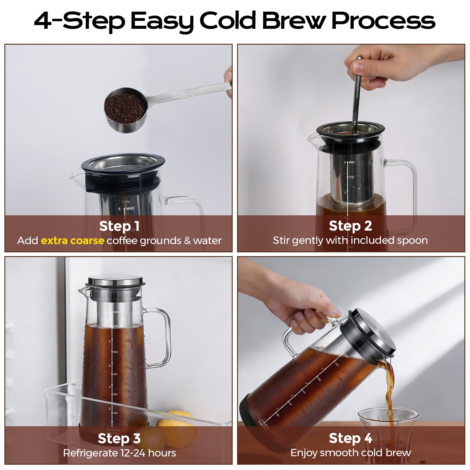 Machine à café Cold Brew 1,4 l filtre en acier inoxydable extraction profonde pichet thé glacé