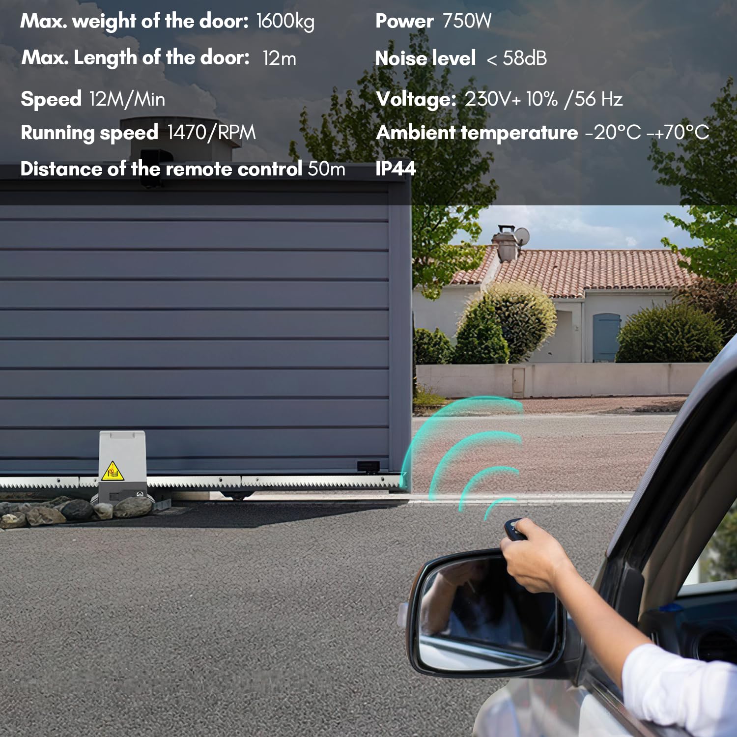 Yakimz Apri cancello scorrevole automatico fino a 1600 kg, 12 m, azionamento per cancello scorrevole, azionamento per porta del garage, con 2 telecomando