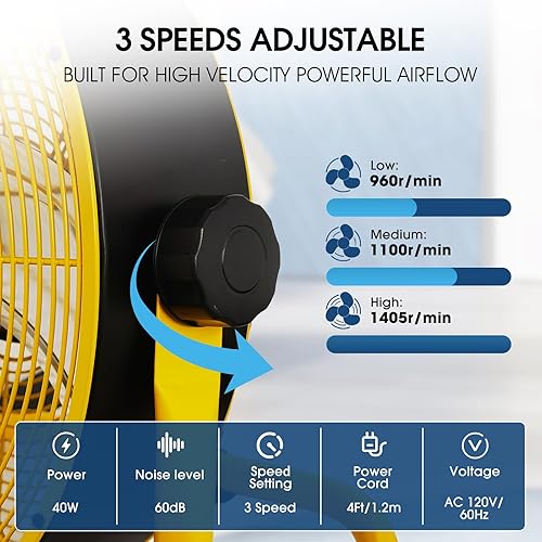 Miniatura 3 de Ventilador de alta velocidad de 12 pulgadas, ventiladores de piso industriales resistentes de 3 velocidades, ventilador portátil con inclinación