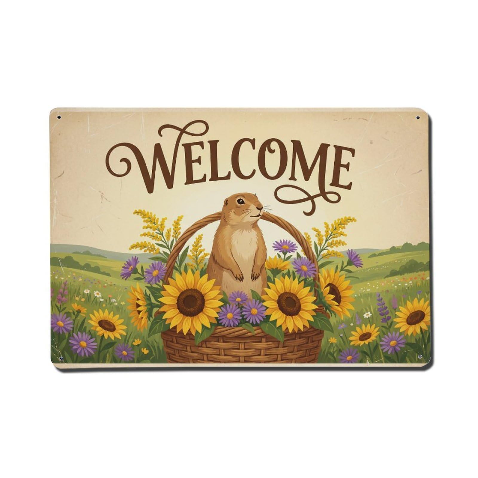Vintage Welcome Prairie Dog Fresh Blooms Metal Tin Sign
