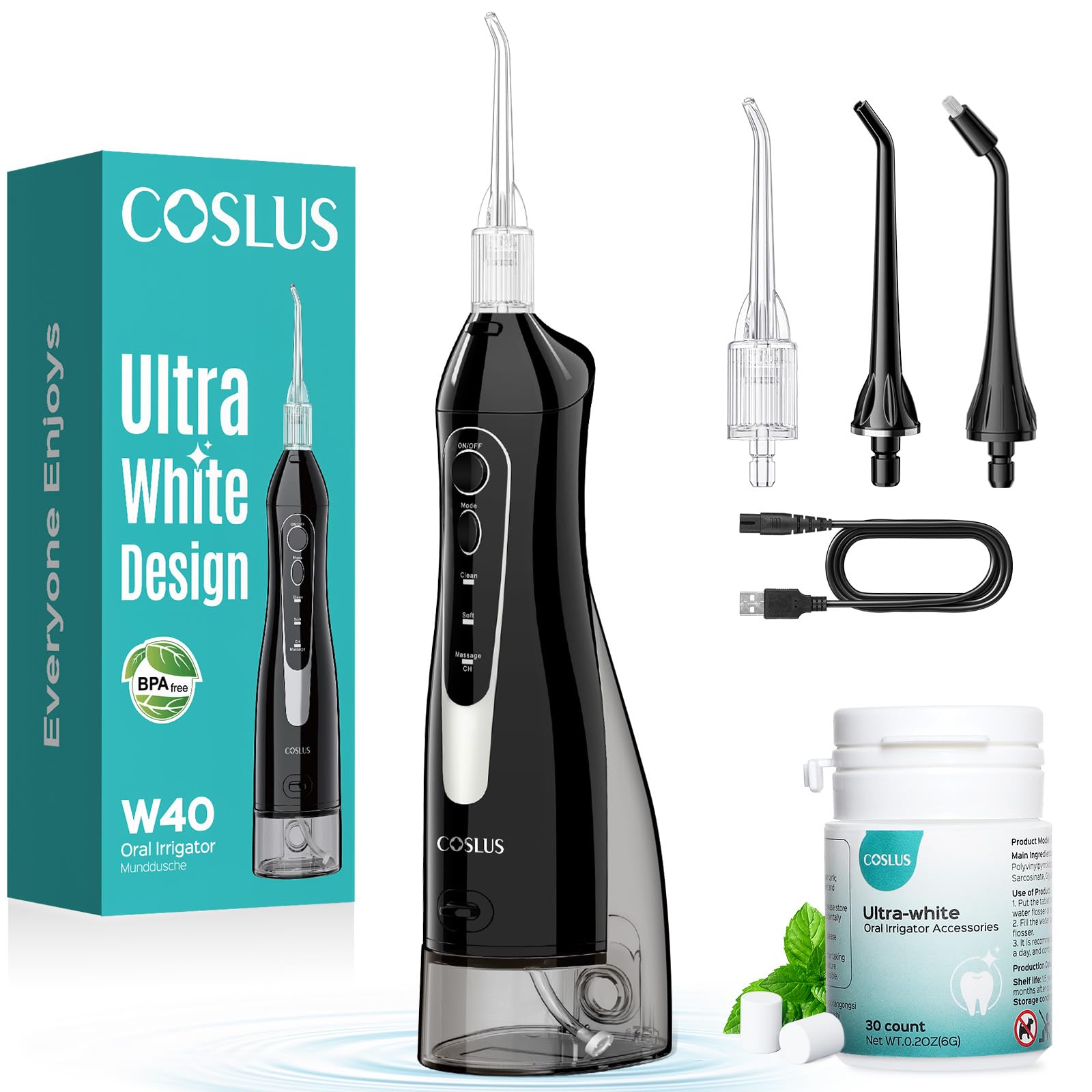COSLUS Water Flosser Pick with Whitening Mint Refill Combo