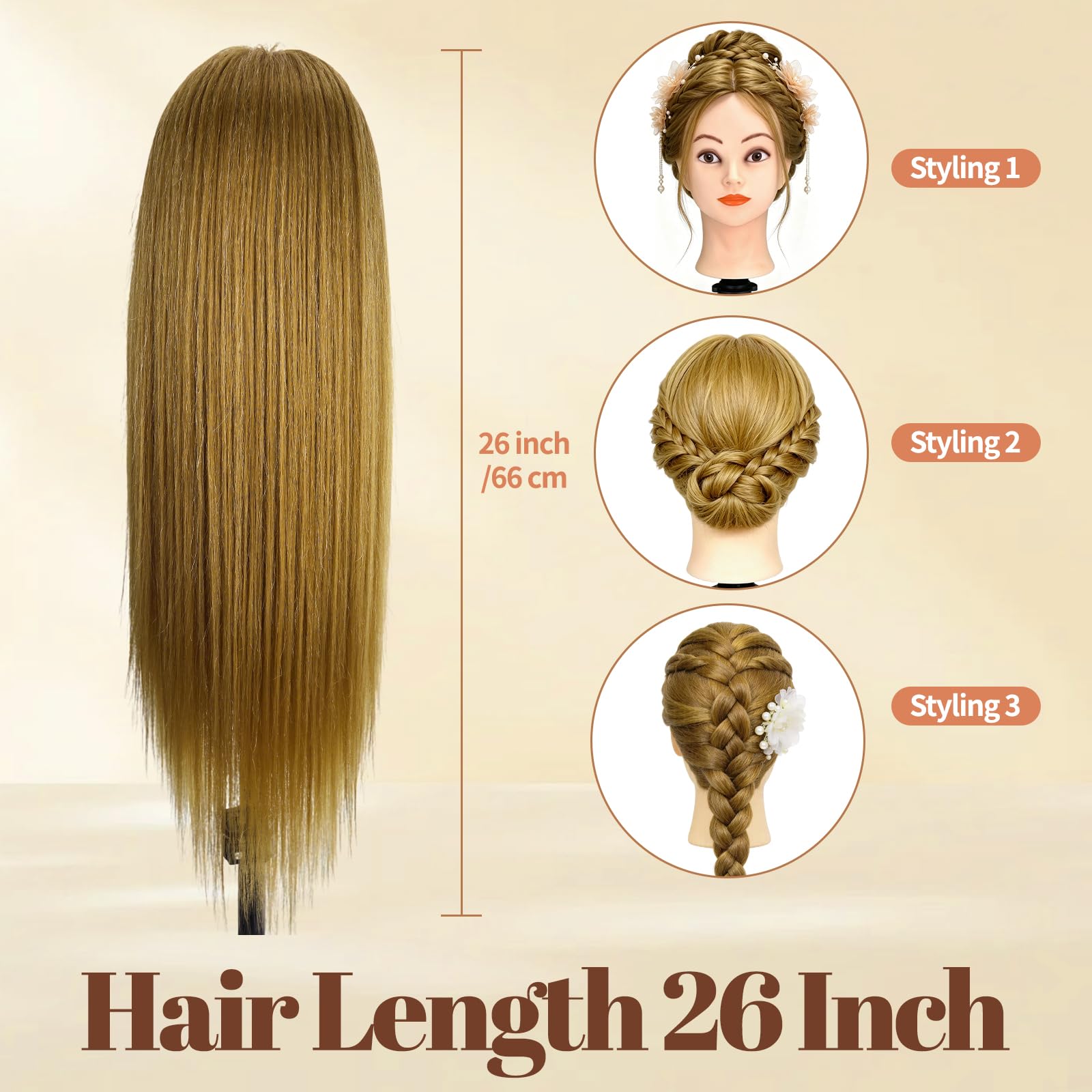 Yofuly 26Zoll/66cm Frisierkopf, 80% Echthaar Übungskopf, Frisieren Trainingsköpfe Puppenkopf Friseur Mannequinkopf mit Tischklemme + DIY-Zopfset (Gold)