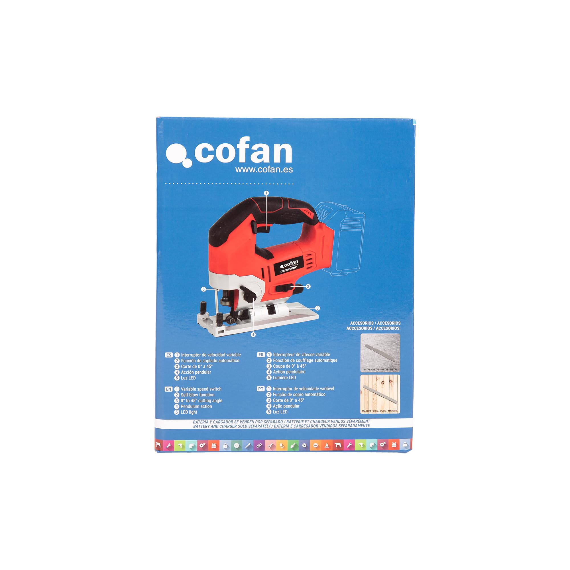 Cofan Sierra de calar a batería | Potencia: 20 V | Motor sin escobillas | Velocidad variable 0–3000 rpm | Acción pendular | Corte inclinado ±45° | Batería y cargador no incluidos