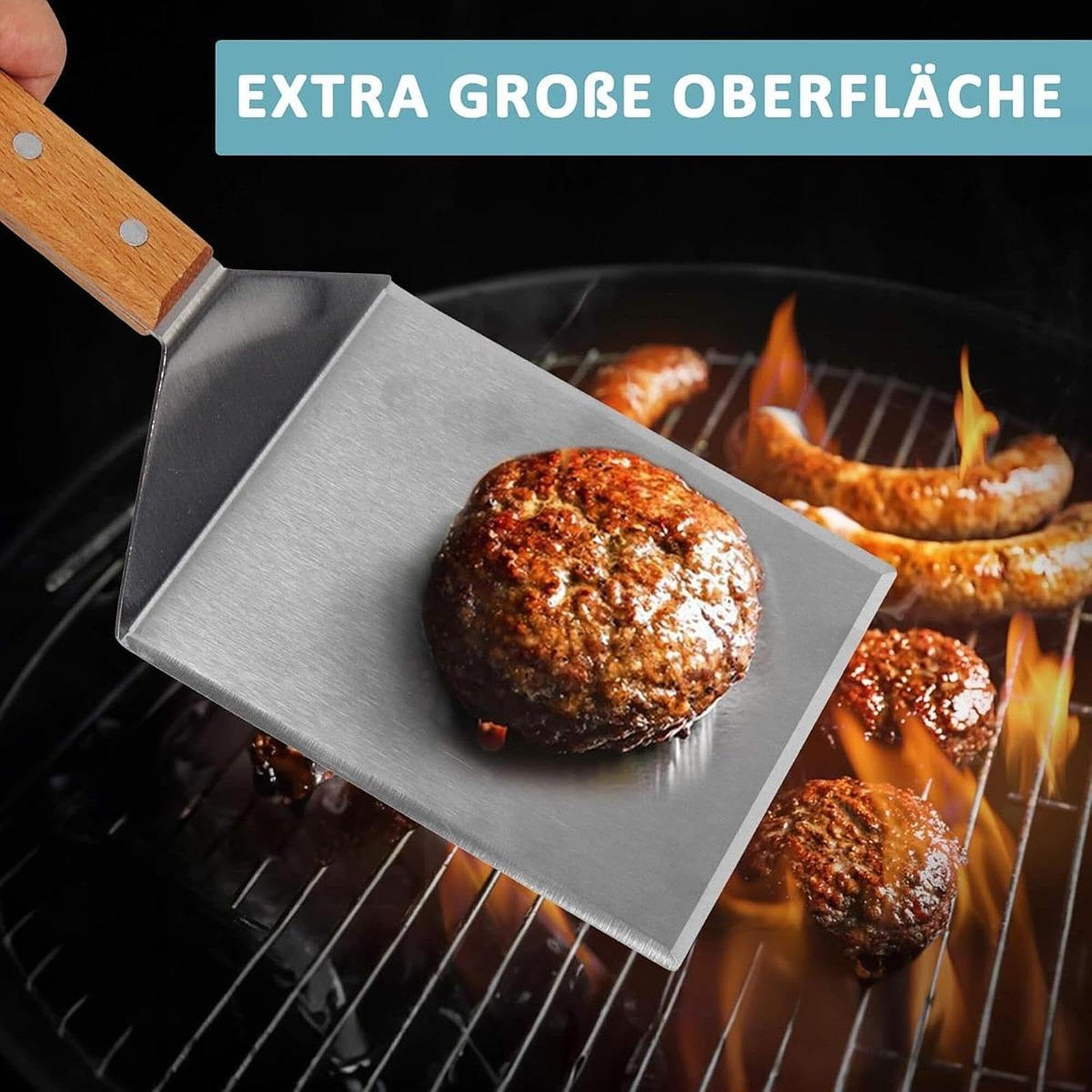 2 Pezzi Spatola BBQ Kit Accessori Barbecue Giraverdure Griglia Acciaio Inossidabile Manico in Legno Ergonomico Adatto per Picnic Cucina All’aperto Eve, 5 Pezzi