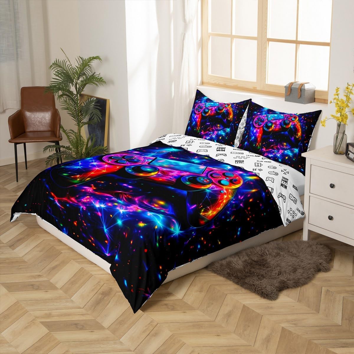 Loussiesd Kids Gamer Games Bedding Set Single Size Galaxy Gaming Glitter Game Quilt Cover Girls Boys Gamepad Teens Duvet Cover Set including 1 Pillowcase - Image 3