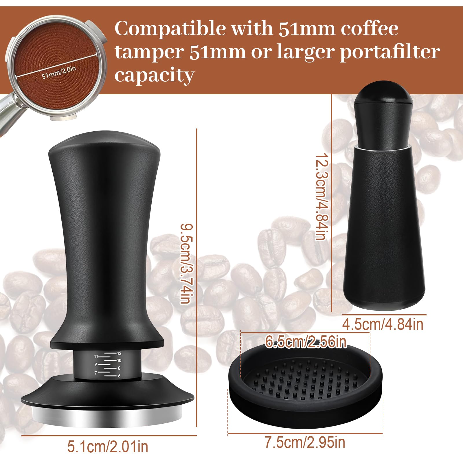 Tamper de café de 51 mm con herramienta WDT, juego profesional para portafiltros, incluye prensador de fondo estriado, herramienta WDT de 12 agujas (0,4 mm), anillo dosificador magnético y