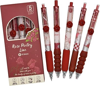 5-Pack Neutral Pens Quick-Dry Ballpoint Black Ink Rose Decor Pens for Office Party Stationery Office Supplies for Children School Entrance Celebration Birthday Gift Rose 0.5mm