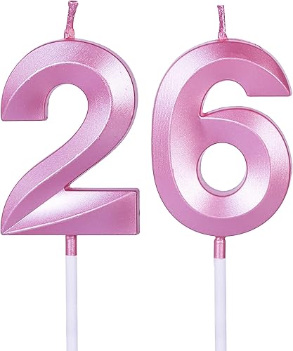 Miniatura 1 de Velas rosadas de cumpleaños 26 y 62 para pasteles, número 26 62 para decoración de tartas para fiesta, aniversario, boda, celebración
