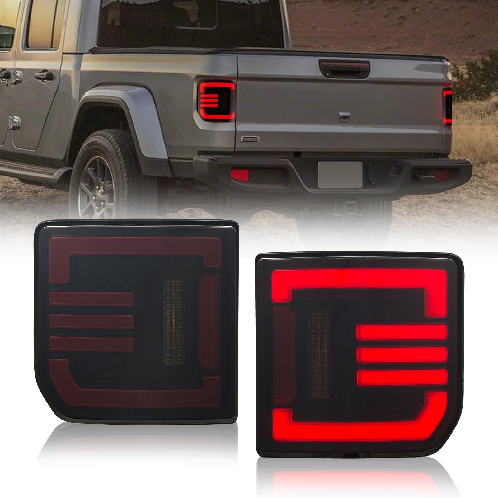 BUNKER INDUST LED Tail Lights Fit for Jeep Gladiator JT 2020-2025, 1 Pair Rear Tail Lamp Brake Light Turn Signal Light Reverse Back Up Assembly,Smoked Lens