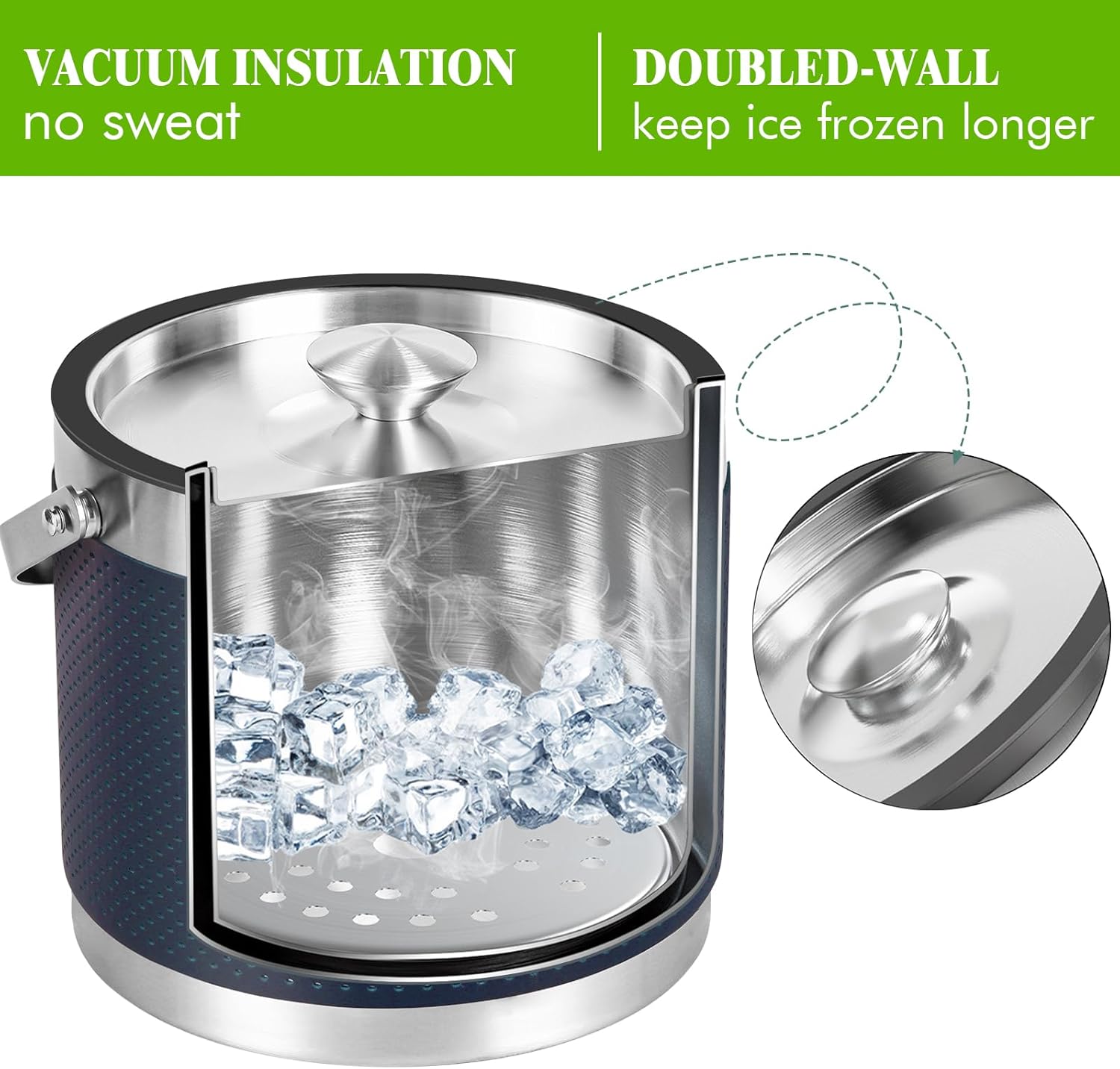 3Quart/3.2L Insulated Stainless Steel Ice Bucket with Lid, Scoop, Leather Design Double Wall Wine Bucket for Cocktail Bar, Parties (Dark Blue) - Image 4