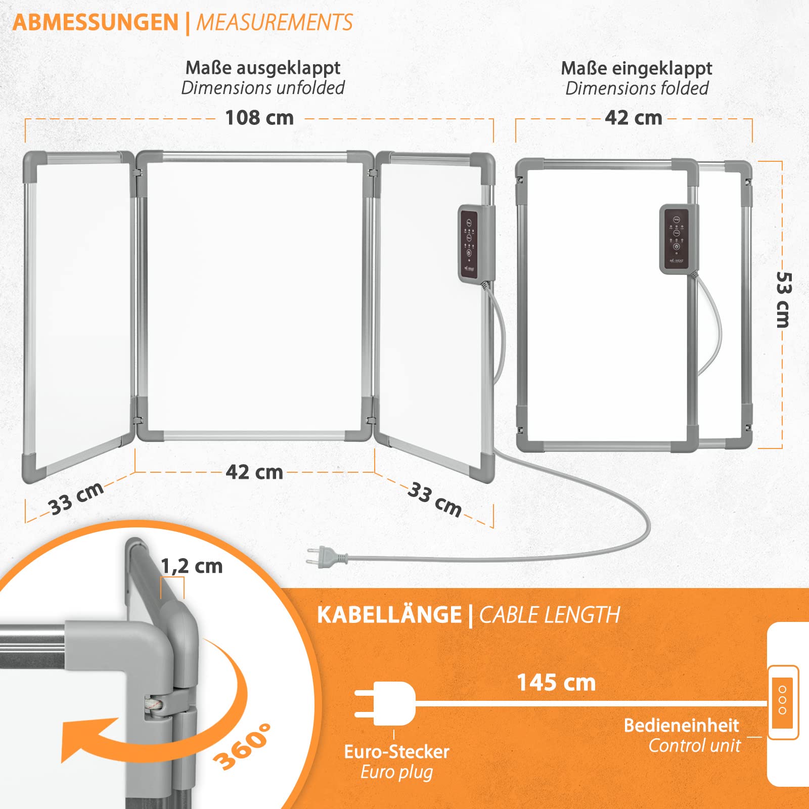 Mi-Heat Składany aluminiowy panel grzewczy, 53 x 108 cm, ogrzewanie na podczerwień 350 W do 80°C, ścianka grzewcza do biura, domu, biura, miejsca pracy, kasy, recepcji