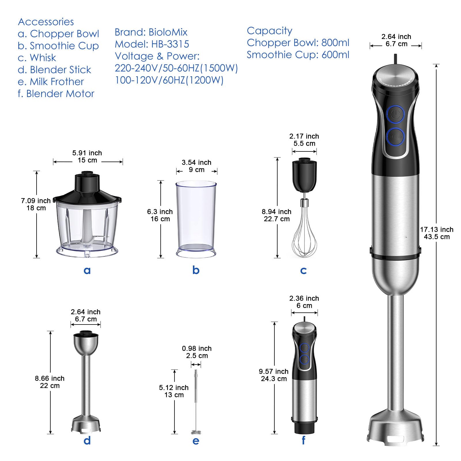 Asixxsix Blender Immersion 5 w 1, Mikser Ręczny z 800 Ml Zlewki Mieszającej, 600 Ml Helikopter, trzepaczkę i Kruszon Mleka, Bezpieczeństwo Zmywarki do Domu w Kuchni Domowej (220-240V wtyczka UE