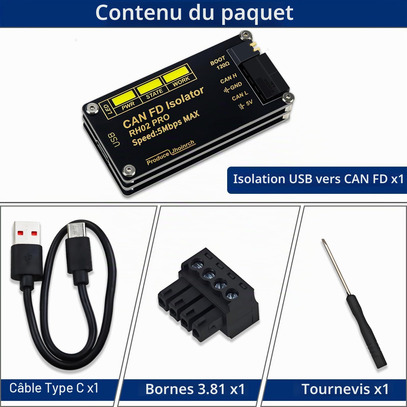 Adaptateur convertisseur USB vers CAN‑FD à isolation jusqu'à 5 Mbps | Construit sur Canable 2.0,isolation du signal et de l’alimentation,circuits de protections multiples TVS/ESD/GDT intégrés