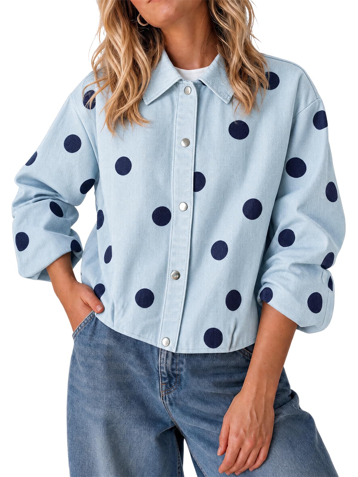 Cicy Bell Womens Polka Dot Denim Jackets Button Down Casual Fall Jean Coats | Loose Fit, Long Sleeve, Cropped Outerwear, Collar Lapel, Spring Pleated Jackets, Trendy Cotton Jeans Coats