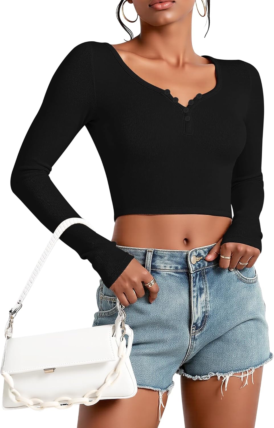 Stelle Women Henley Long Sleeve Crop Tops Ribbed Knit Button Slim Fitted Tops Casual Basic T Shirts - Image 5