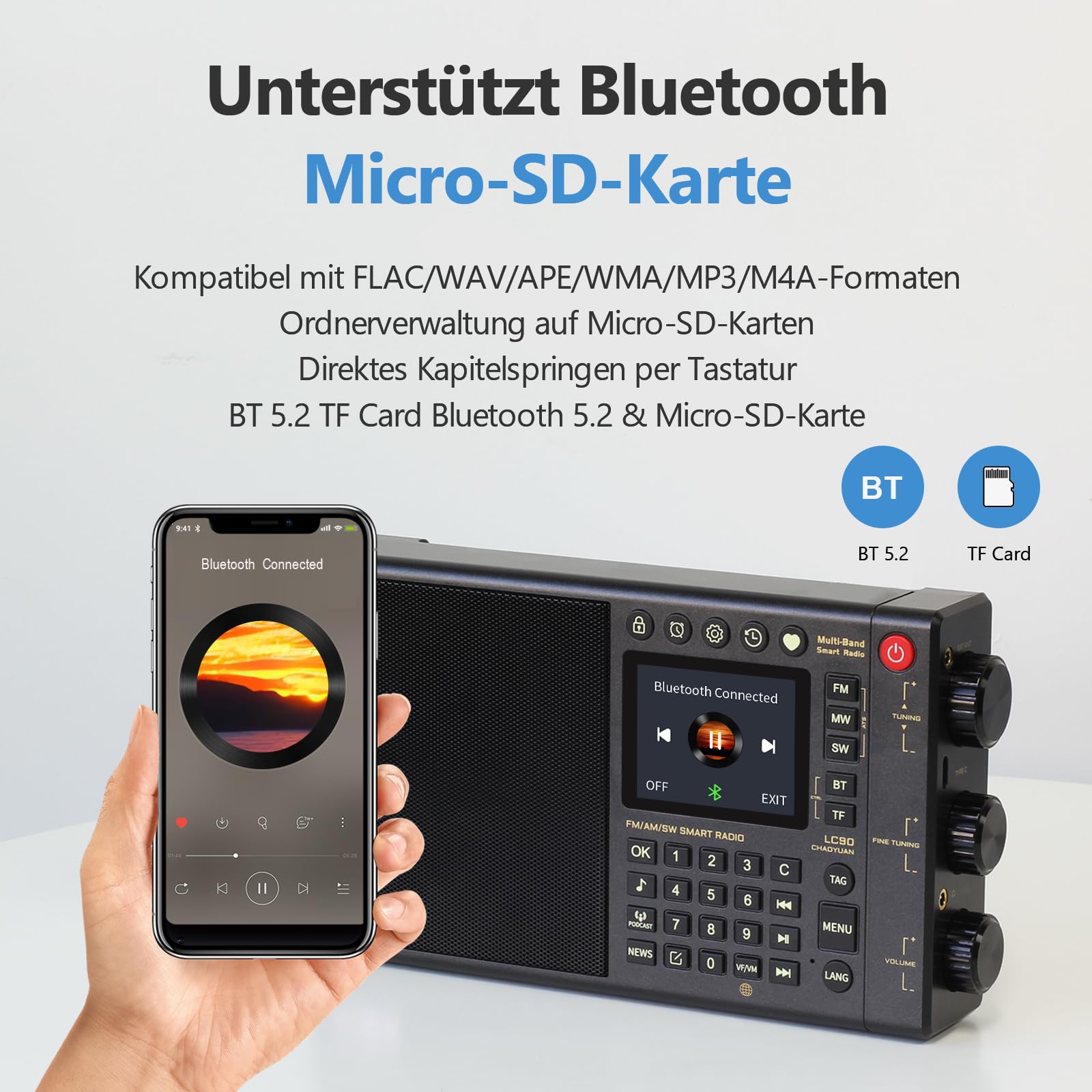 CHOYONG LC90 Multi-Band Smart Internet Radio Tragbares AM/FM, Lang- & Kurzwellenradio mit WiFi, Bluetooth, TF Karte choyoung