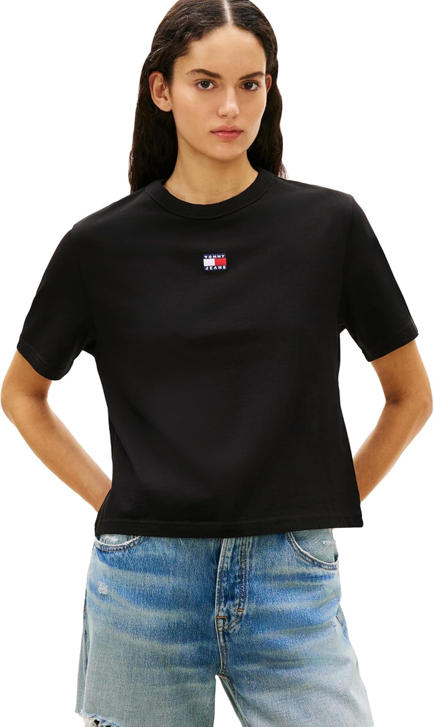 Tommy Jeans Womens Short Sleeve Cotton Graphic T-Shirt with Embroidered Flag Logo