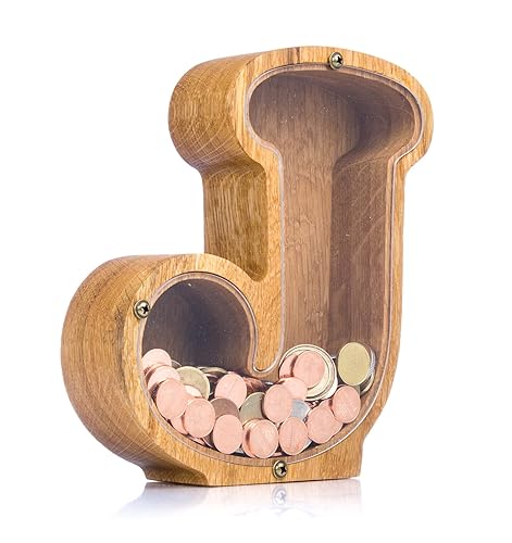 Personalized Wooden Piggy Bank LETTER for Boys Girls Adults - Durable Oak Wood Coin Banks 3 SIZES to Choose From - Kids Nursery Decor Engraved Money