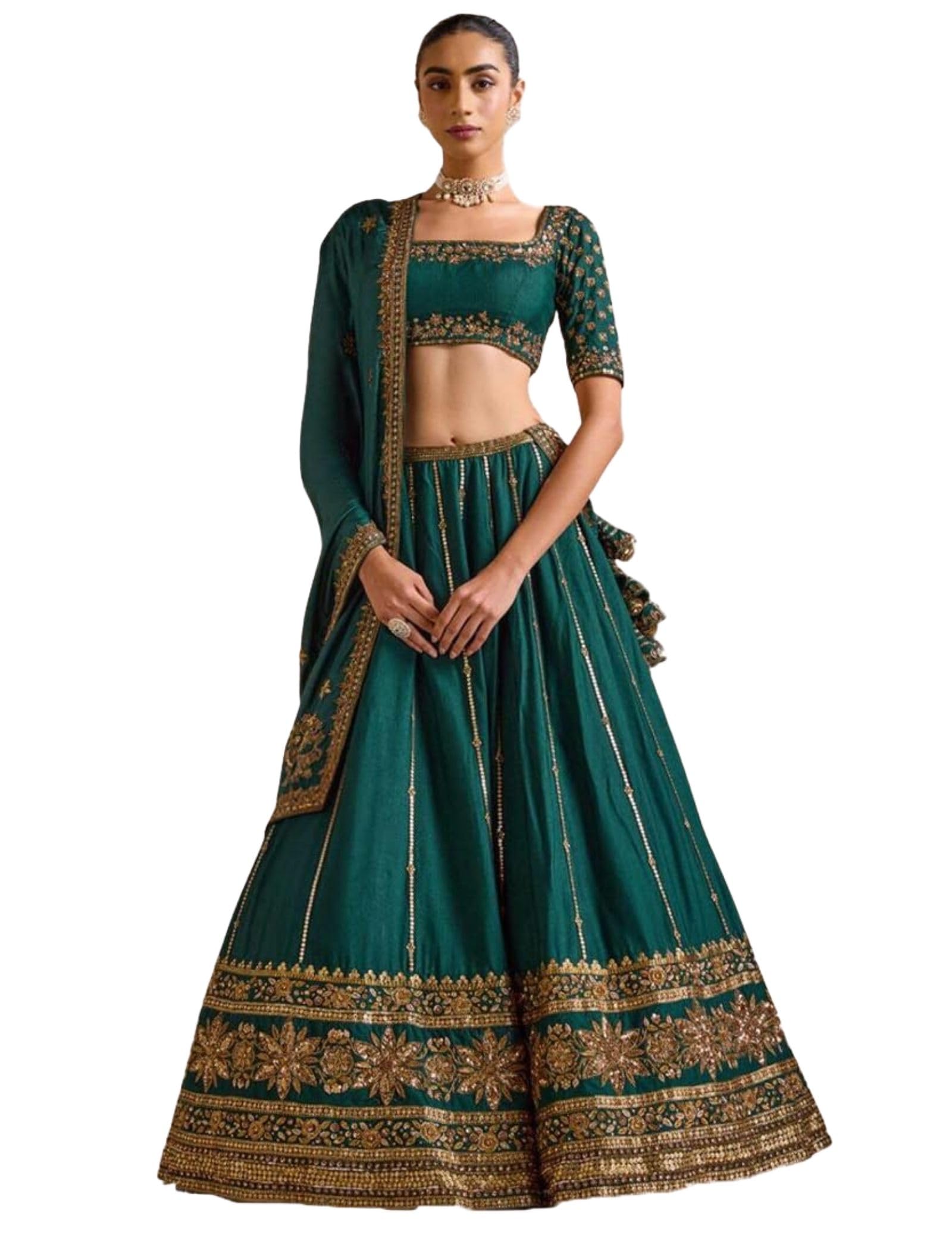 Dark Green Vichitra Silk Sequence Embroidery Work Semi- Sttiched Lehenga Choli Set For Women's-JH254GRN-image-32