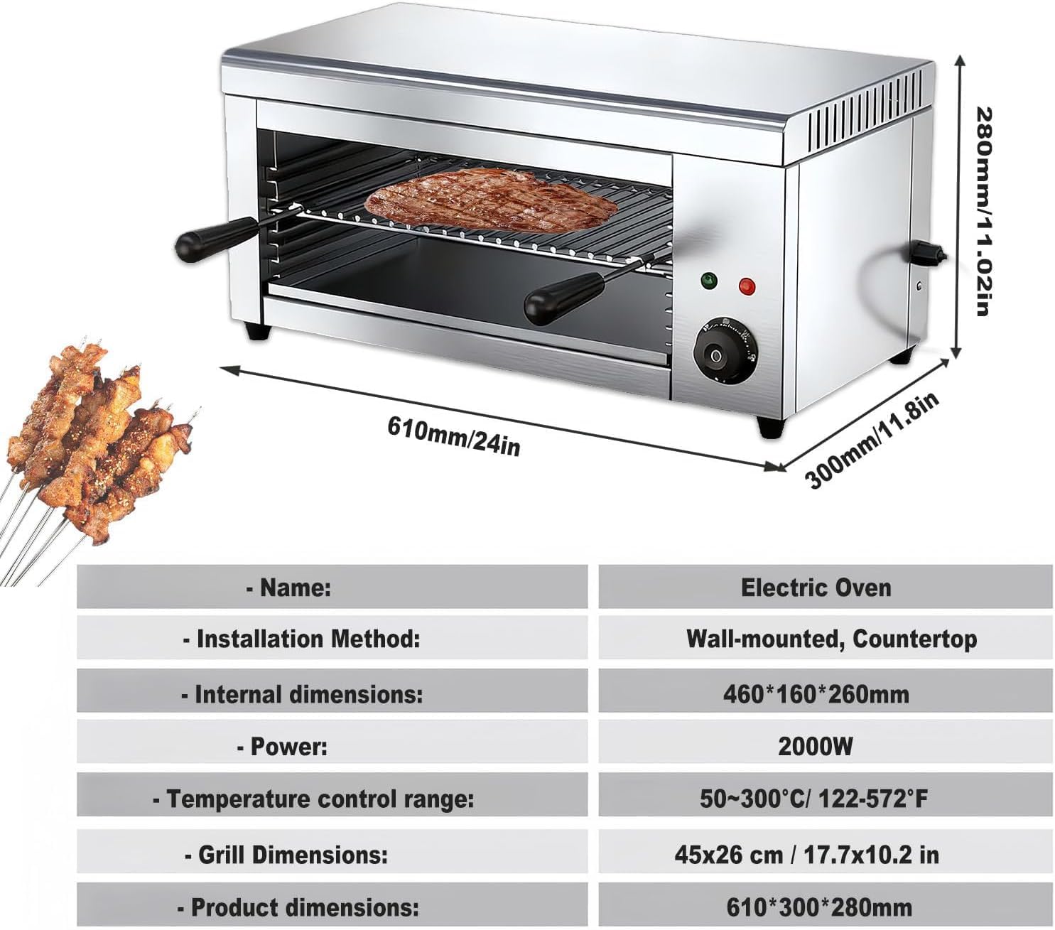 Tostador eléctrico de Acero Inoxidable para Pared o encimera, fundidor de Queso eléctrico 122-572°F, asador salamandra, Parrilla eléctrica Raclette para fundir, Comercial