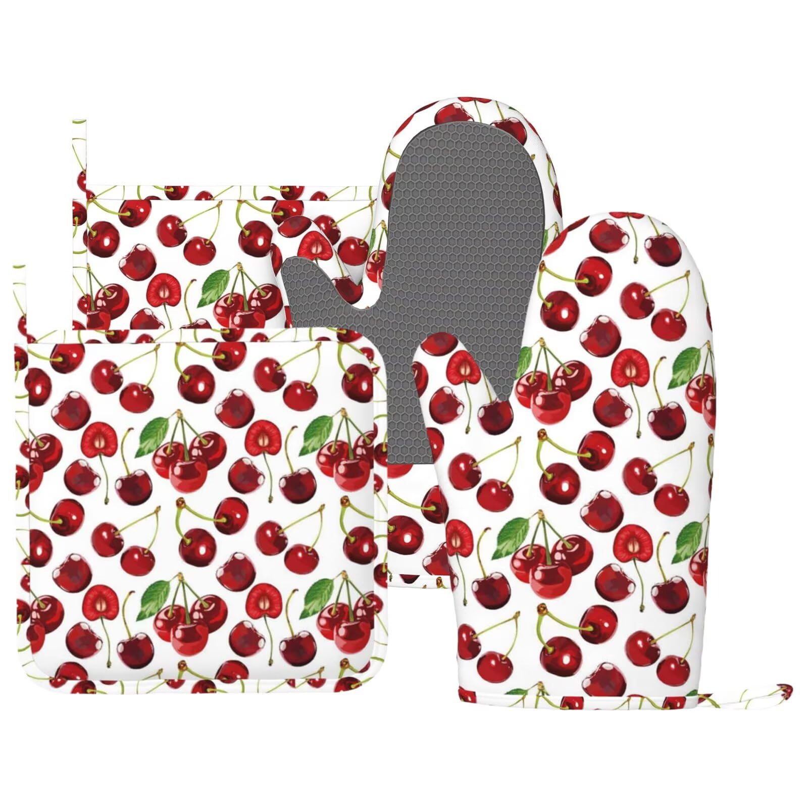 Juego de 4 manoplas de horno y soportes para ollas de silicona con patrón de frutas de cereza, guantes de cocina, soportes para ollas, antideslizantes, resistentes al calor, juego de guantes