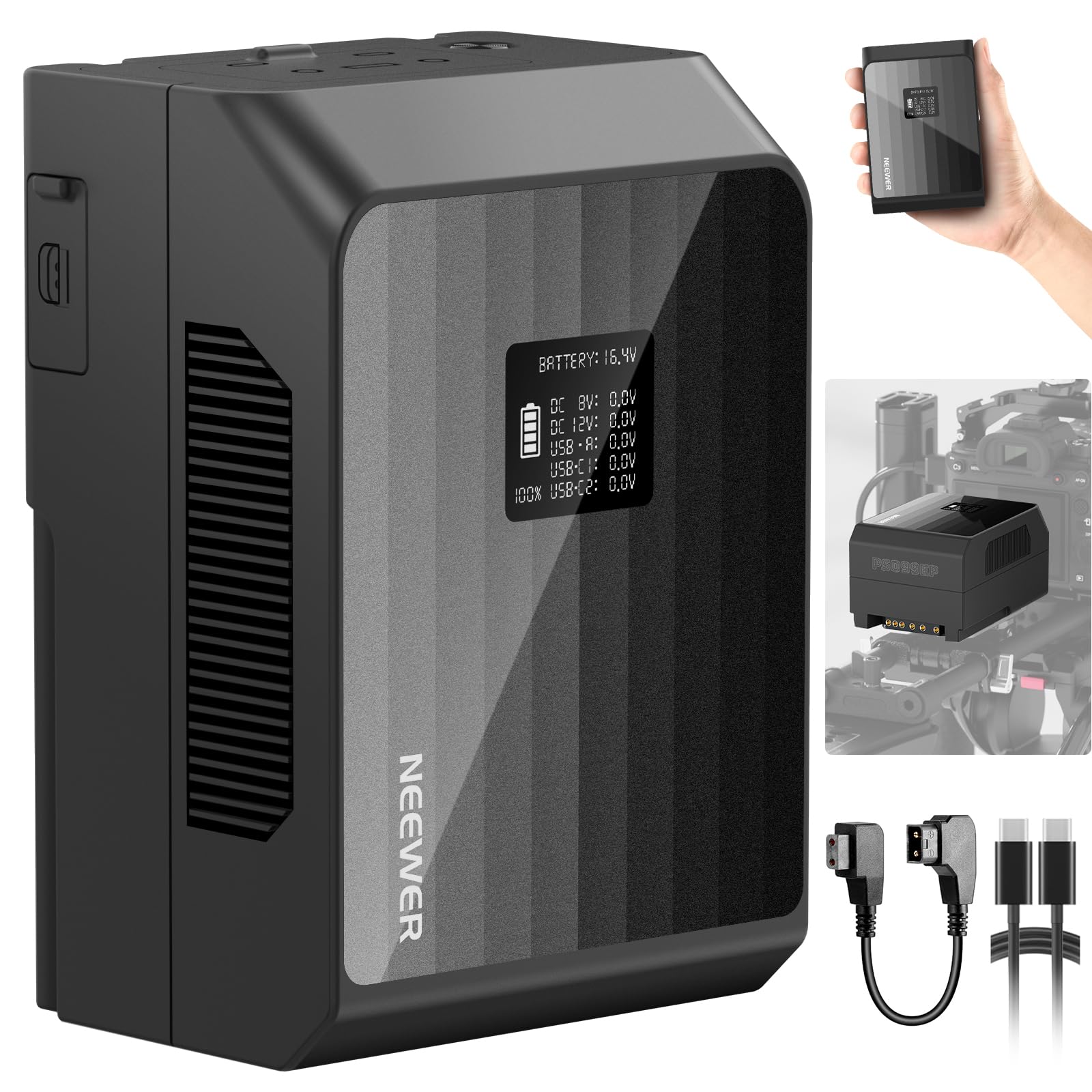 NEEWER Mini Batteria V Mount PS099EP Ricarica PD 100W, 6800mAh 99Wh 14.5V, 2 USB C/D Tap/BP/USB A/2 Porte DC/Schermo OLED, Batteria V Lock per Fotocamera/Camcorder Compatibile con SmallRig BMPCC 4k 6k