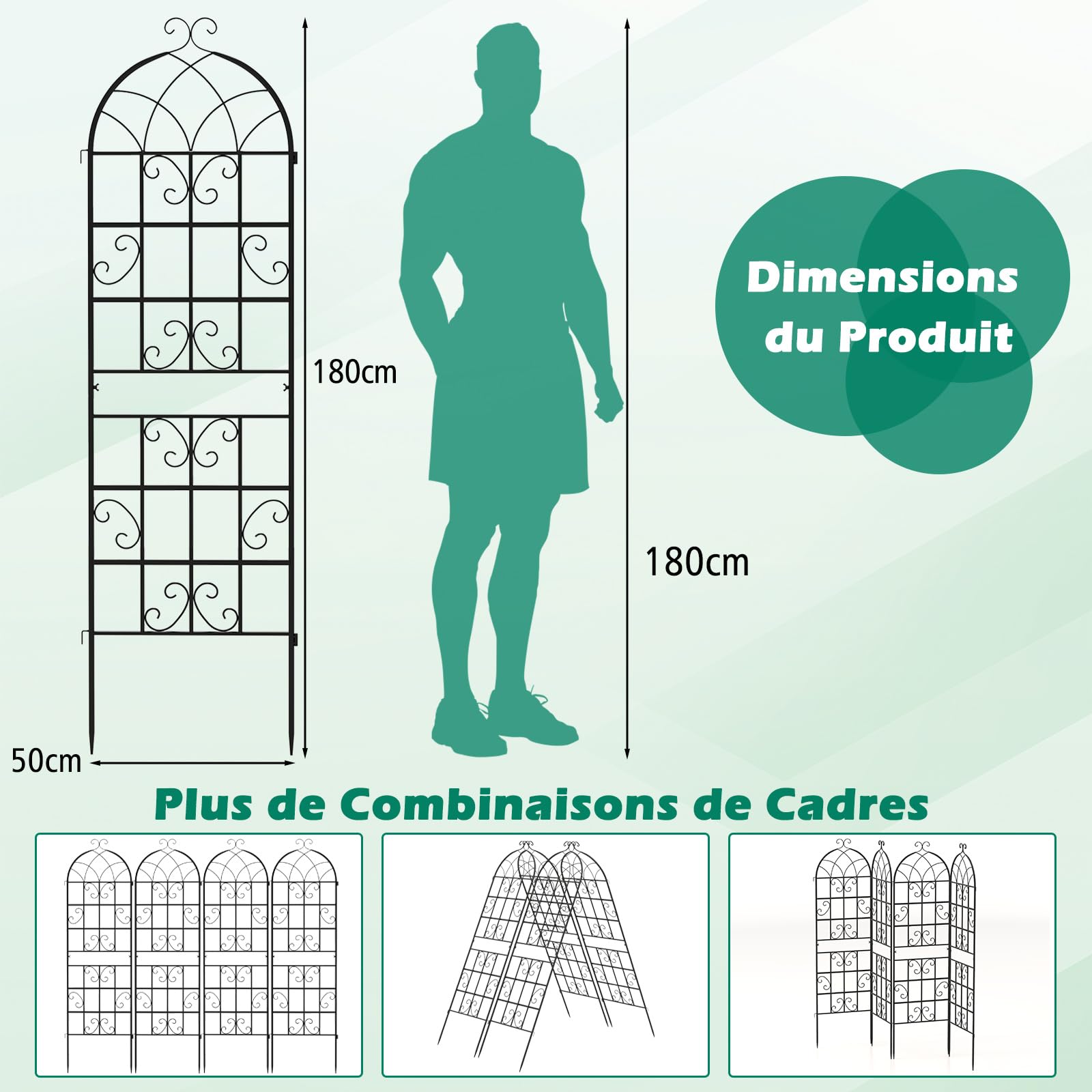 COSTWAY Lot de 2 Treillis de Jardin en Métal 180 x 50 cm, Clôture Décorative pour Plante Grimpante, Grille Fleurs Antirouille pour Jardin, Cour, Patio, Noir