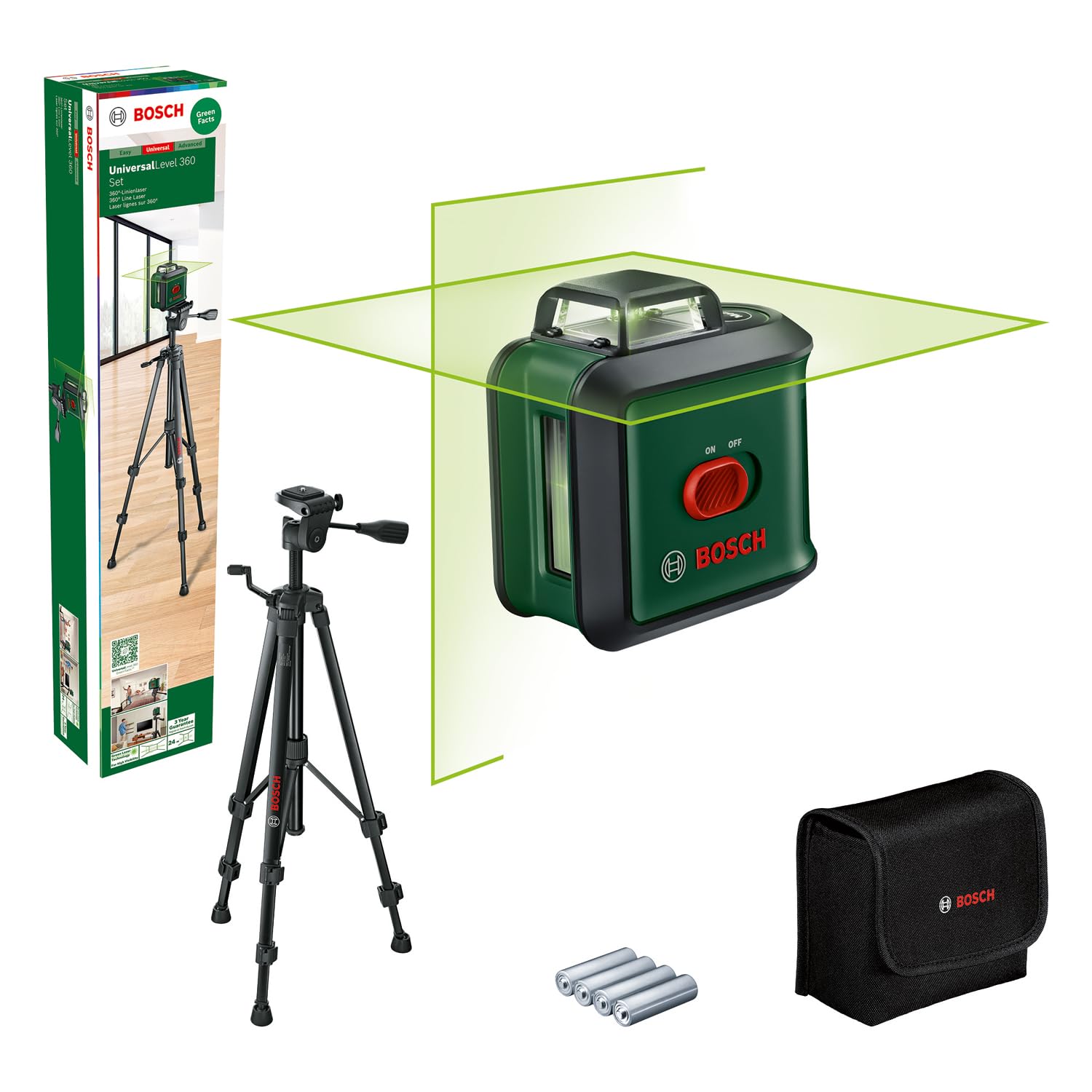 Bosch livella laser multifunzione UniversalLevel 360 con treppiede premium (linee laser verticali + orizzontali incl. 360° per allineamento dell'intera stanza, in cartone)
