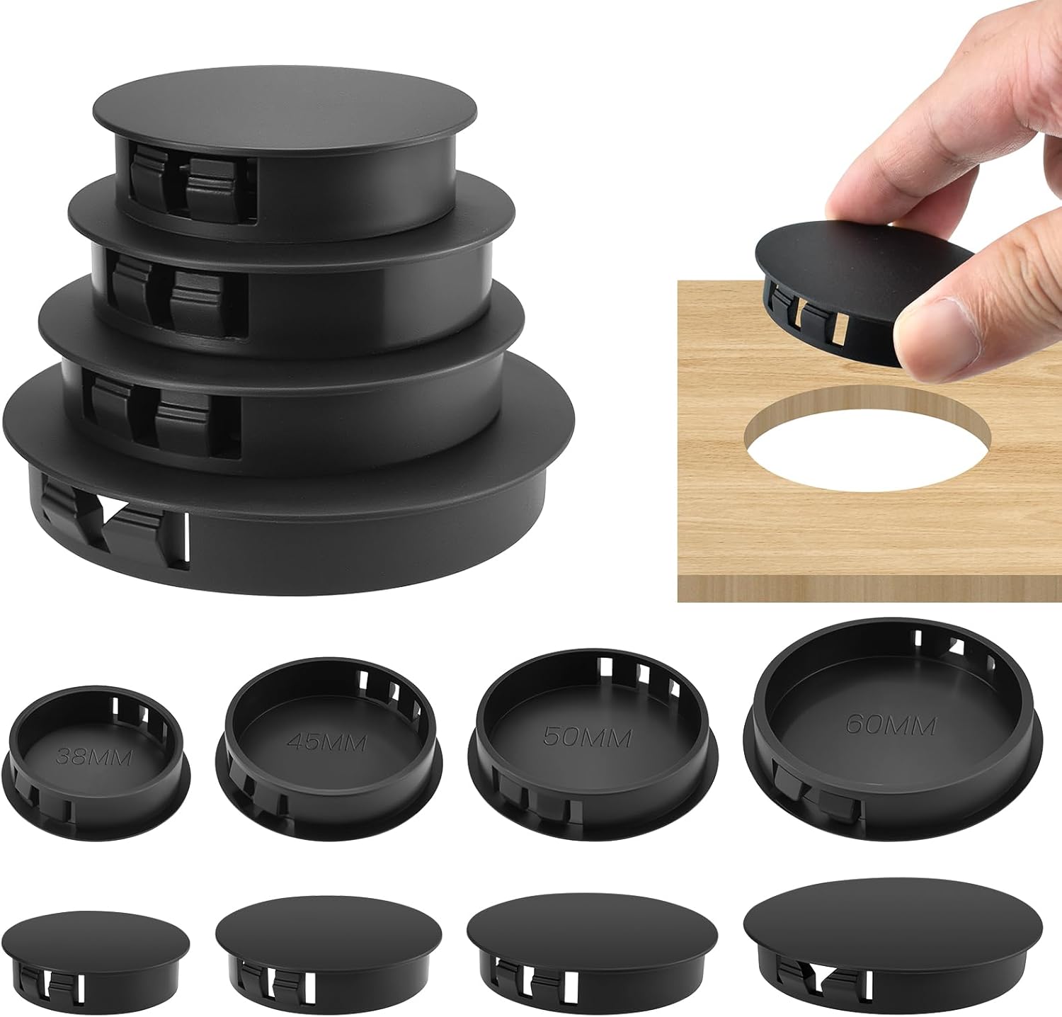 30Pcs Nylon Hole Plugs Set, 4 Sizes 1-1/2", 1-3/4", 2", 2-3/8", Round Snap in Locking Screw Hole Covers Insert End Caps for Furniture Cabinet Kitchen Door Shelves, Black